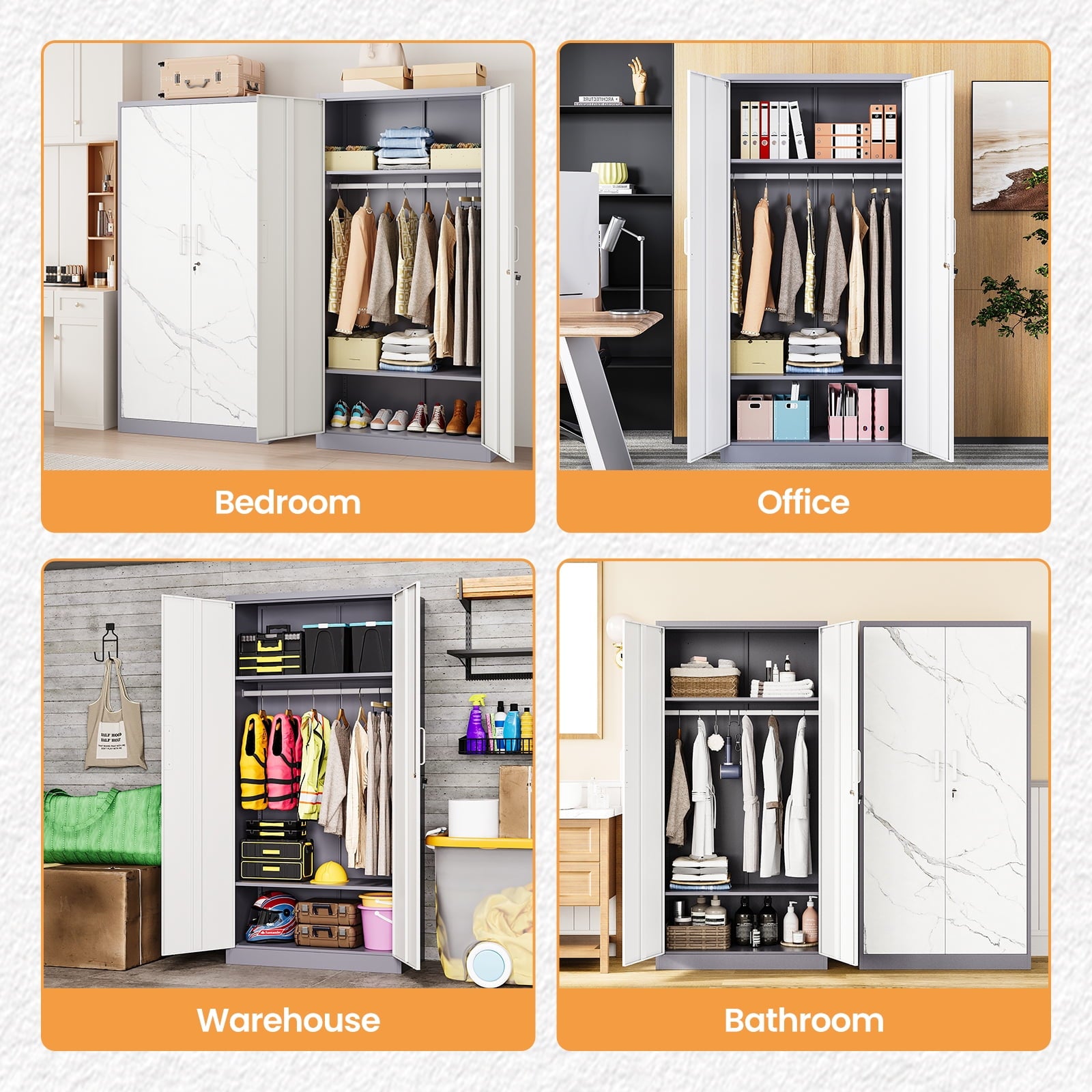 STANI Metal Wardrobe Closet with Hanging Rod, 72 White Armoire Wardrobe Cabinet with Adjustable Shelves, Clothes Storage Organizer Cabinets for Bedroom, Bathroom, Office