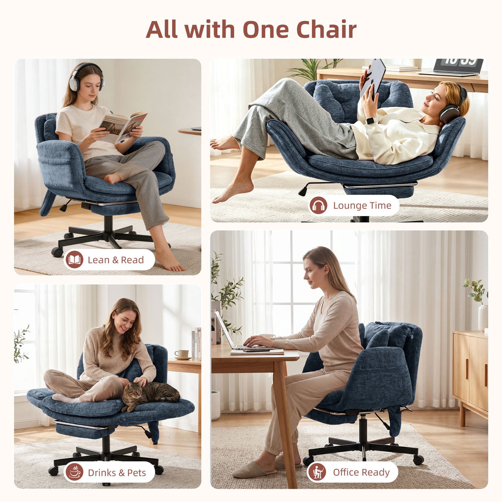 Hforesty Cross Legged Office Chair, Inflatable Flip-up Back & Wide Seat, 5-Position Armrests & Footrest, Ergonomic Task Chair for Home Office, Gray