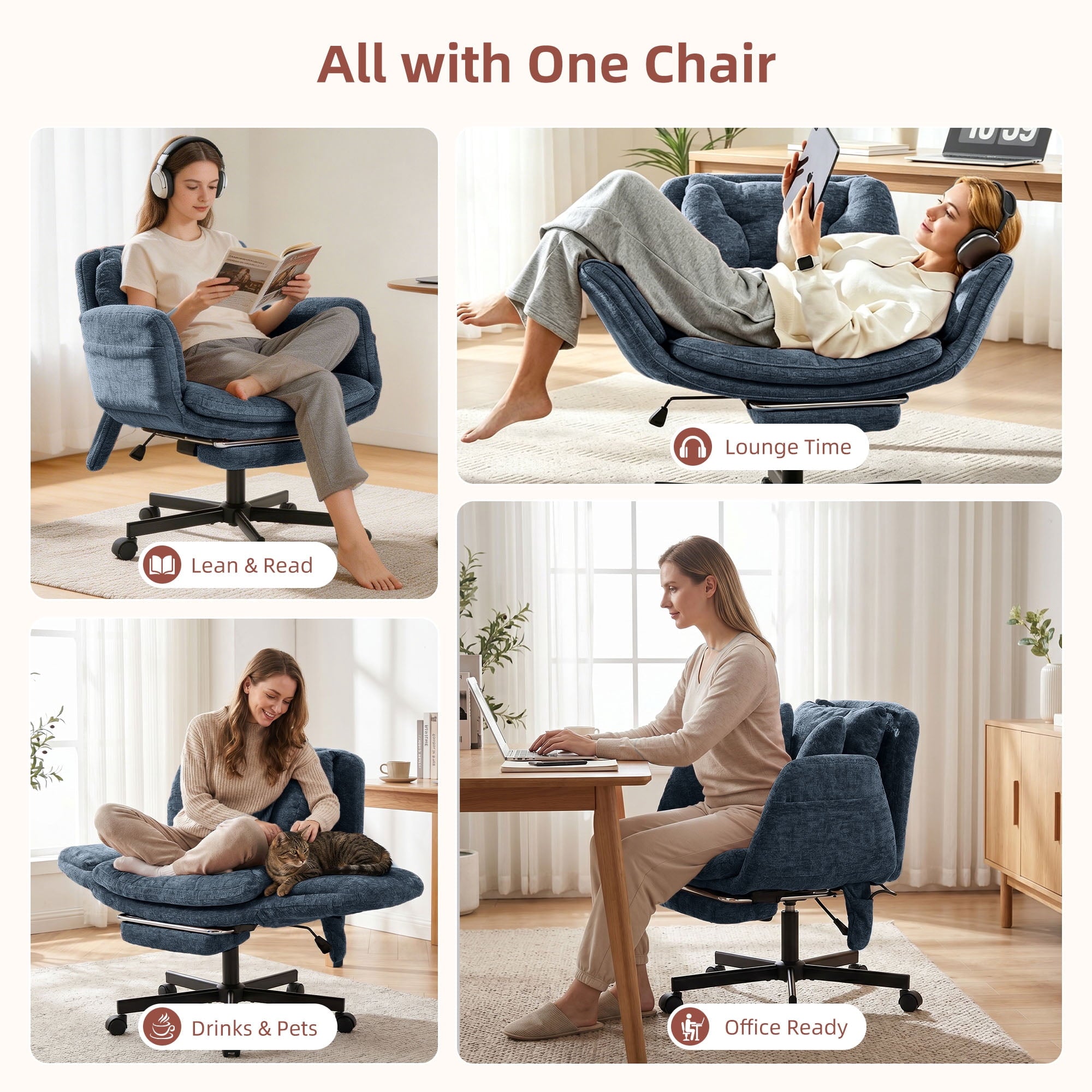 Hforesty Cross Legged Office Chair, Inflatable Flip-up Back & Wide Seat, 5-Position Armrests & Footrest, Ergonomic Task Chair for Home Office, Gray
