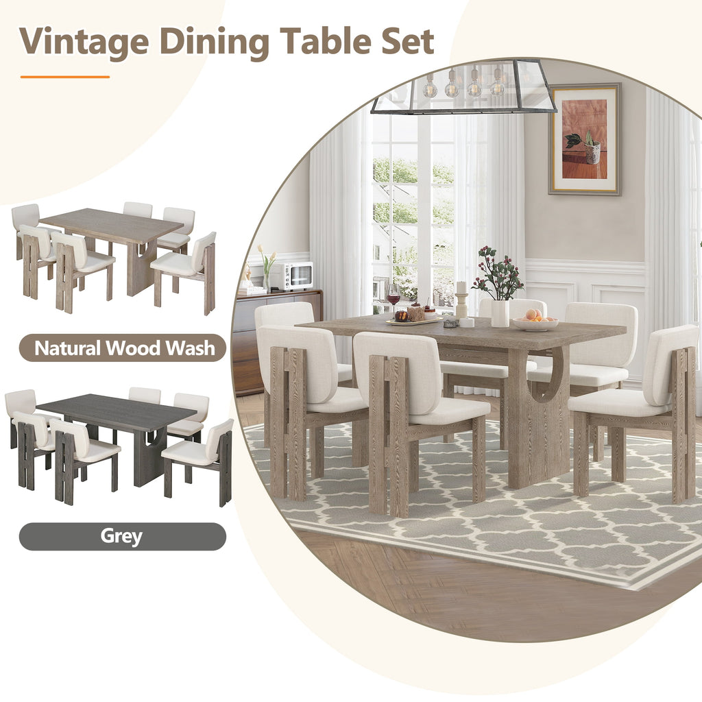 Harper & Bright Designs 7 Pieces Retro Dining Set for 6, Wood Rectangular Table with Designed Trestle Base and 6 Upholstered Chairs for Dining Room and Kitchen, Grey