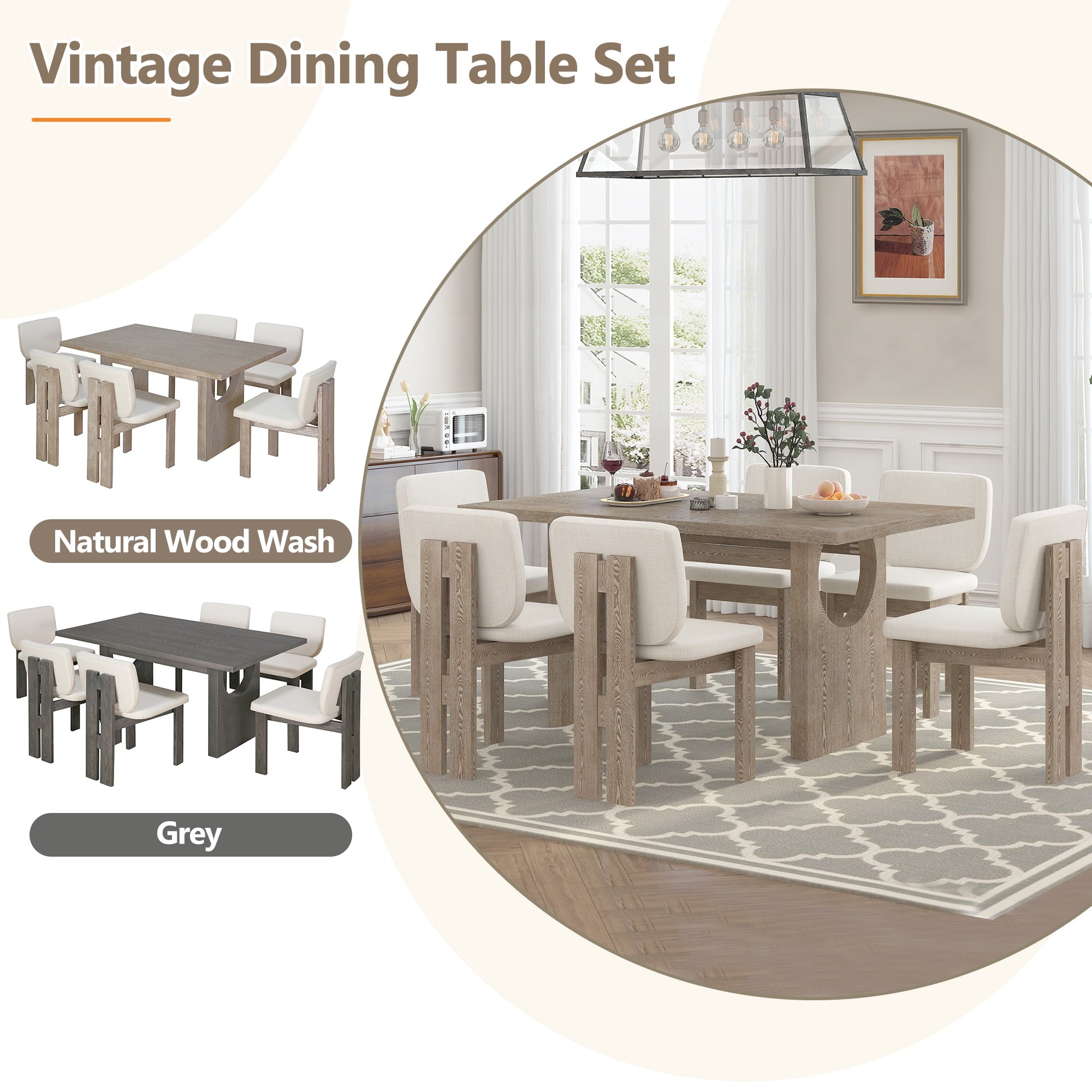 Harper & Bright Designs 7 Pieces Retro Dining Set for 6, Wood Rectangular Table with Designed Trestle Base and 6 Upholstered Chairs for Dining Room and Kitchen, Grey