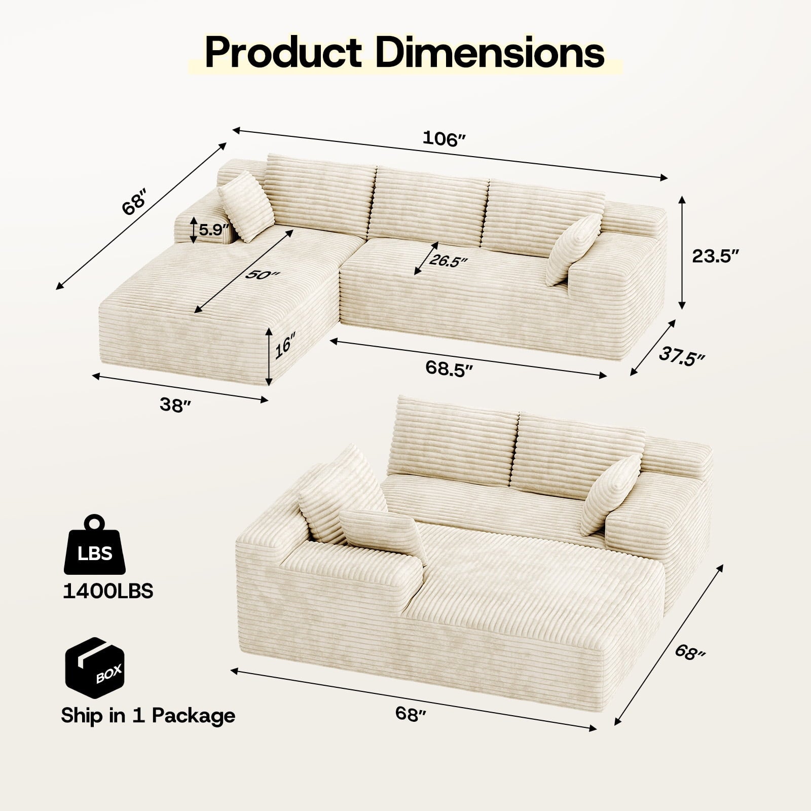 Patbrela 106 Sectional Couch for Living Room, L-Shaped Boneless Cloud Couch Corduroy Modern Sectional Sofa with Deep Seat and Thickened Cushion, No Assembly Required, Black