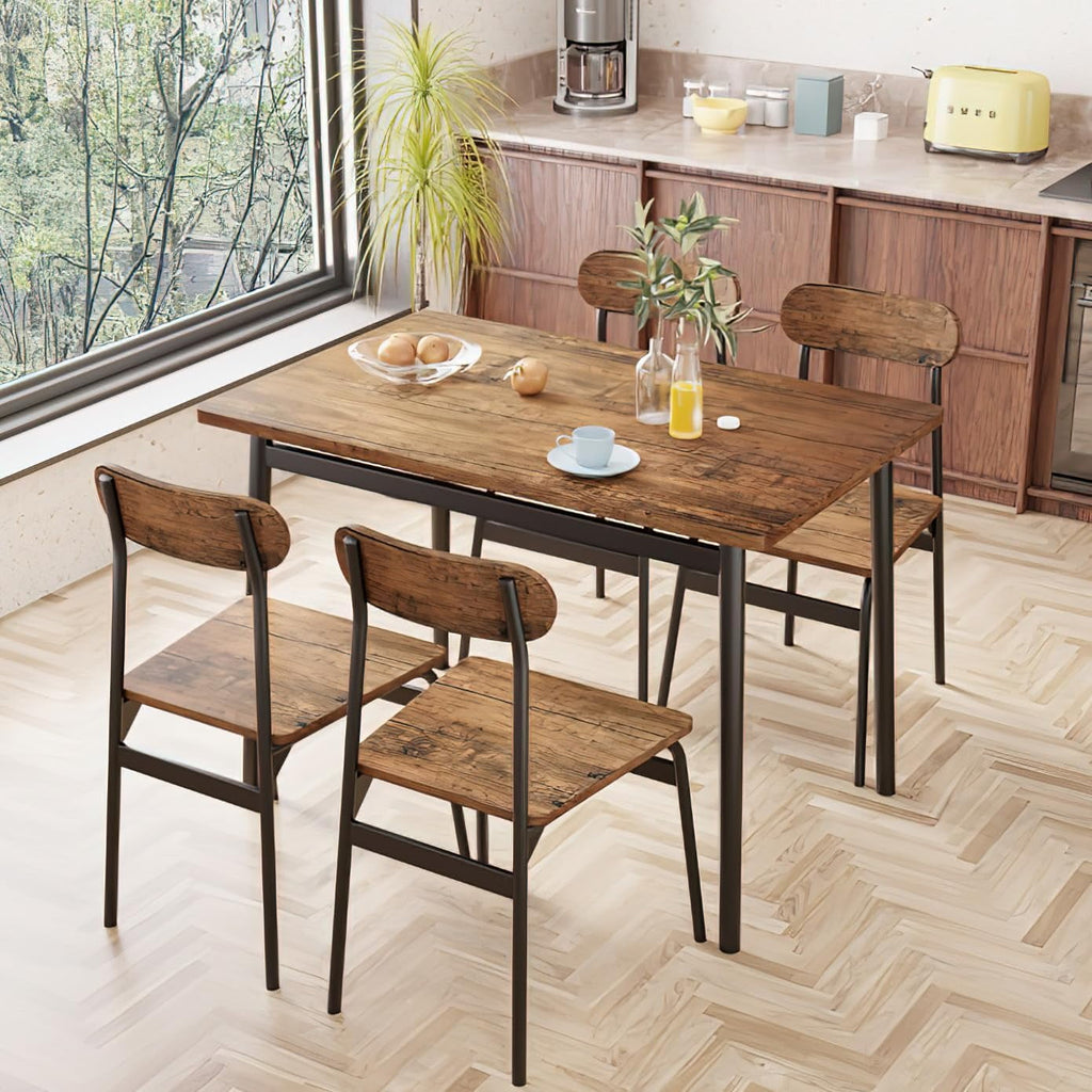 Lamerge 4 Person Dining Table Set, Wooden Dining Table 5 Piece Set with 4 Oak Metal Frame Chairs, Space Saving, Suitable for Apartments, Small Spaces, Kitchens, Breakfast Corners, Espresso Wood C