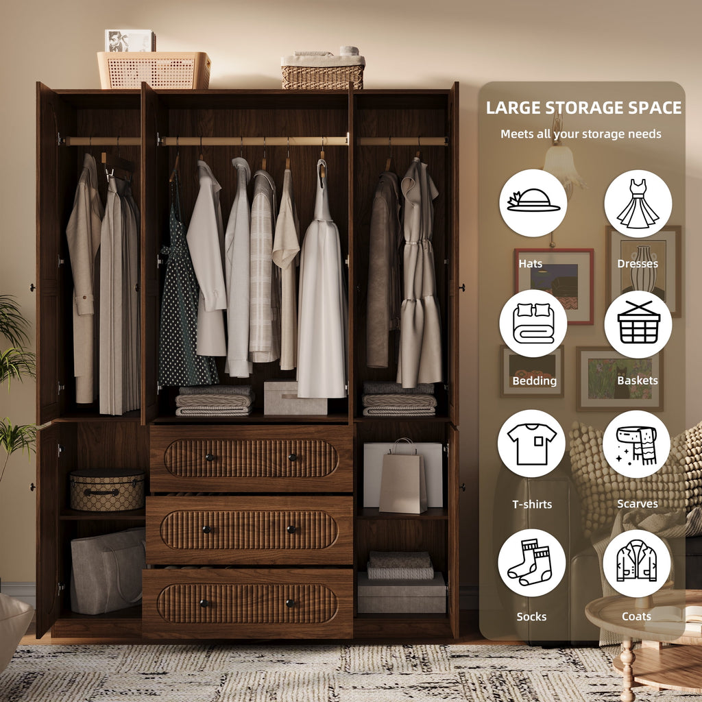 UGTOO 72H 4-Door Wardrobe Armoire with 3 Hanging Rods & 3 Drawers – Black Wooden Closet Storage Cabinet, Large Capacity Freestanding Clothes Organizer for Bedroom