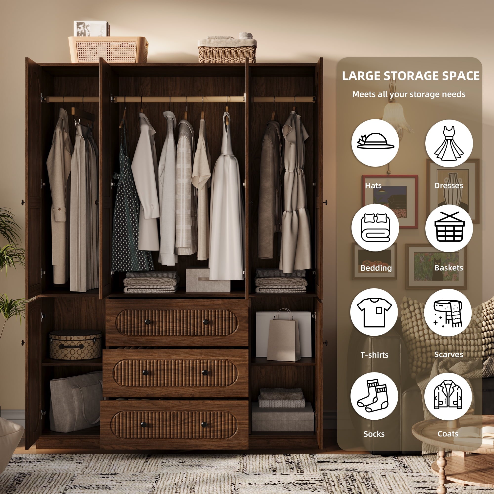 UGTOO 72H 4-Door Wardrobe Armoire with 3 Hanging Rods & 3 Drawers – Black Wooden Closet Storage Cabinet, Large Capacity Freestanding Clothes Organizer for Bedroom