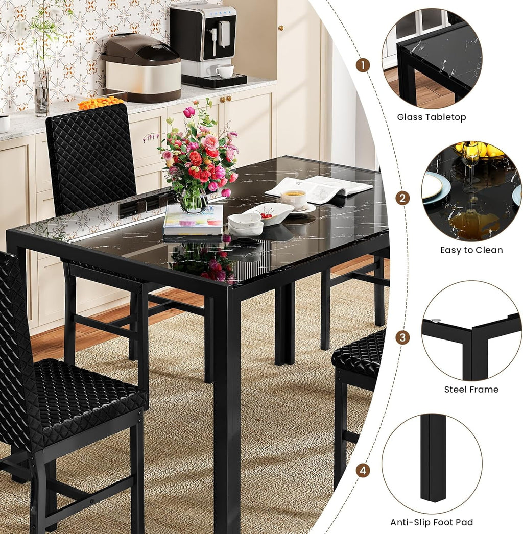 Baxluxe Dining Table Set for 4, Modern 5 Piece Dining Table Set, Faux Marble Kitchen Table and 4 Velvet Upholstered Chairs for Apartments, Dining Rooms, Small Spaces, Gray