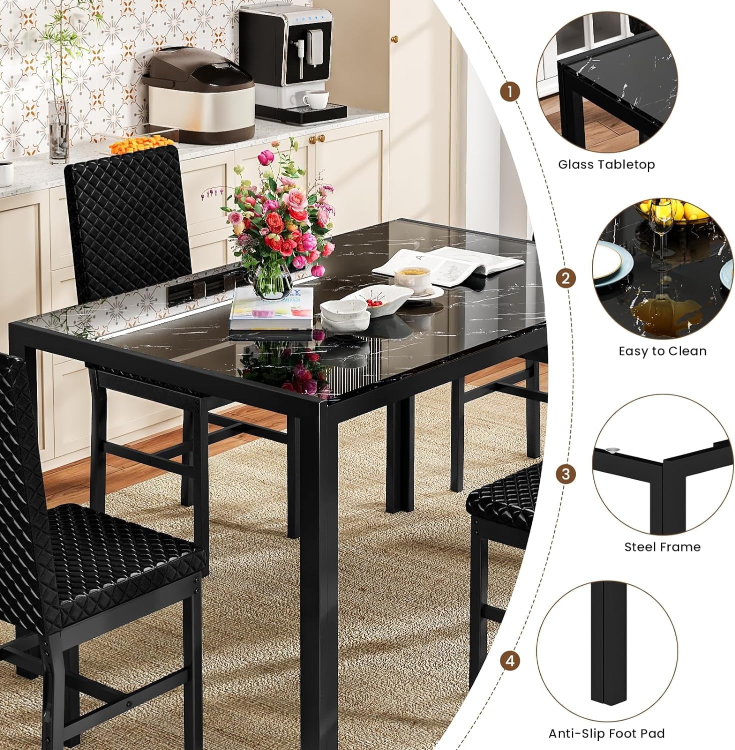 Baxluxe Dining Table Set for 4, Modern 5 Piece Dining Table Set, Faux Marble Kitchen Table and 4 Velvet Upholstered Chairs for Apartments, Dining Rooms, Small Spaces, Gray