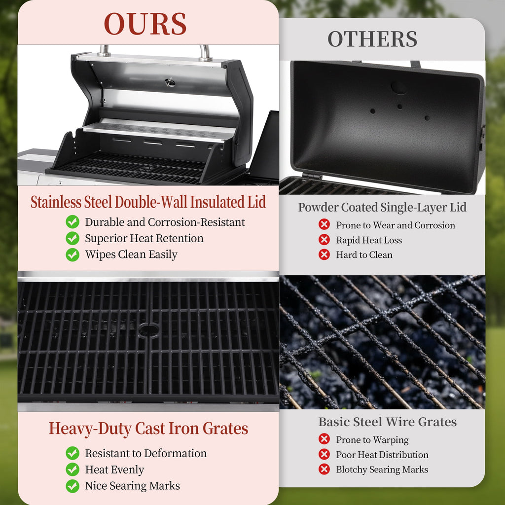 CIG GARDEN 4 Burner Gas Grill Combo with Side Burner, 3 in 1 Gas BBQ Grill with Charcoal Grill and Griddle, 52,000 Outdoor Barbecue Grill