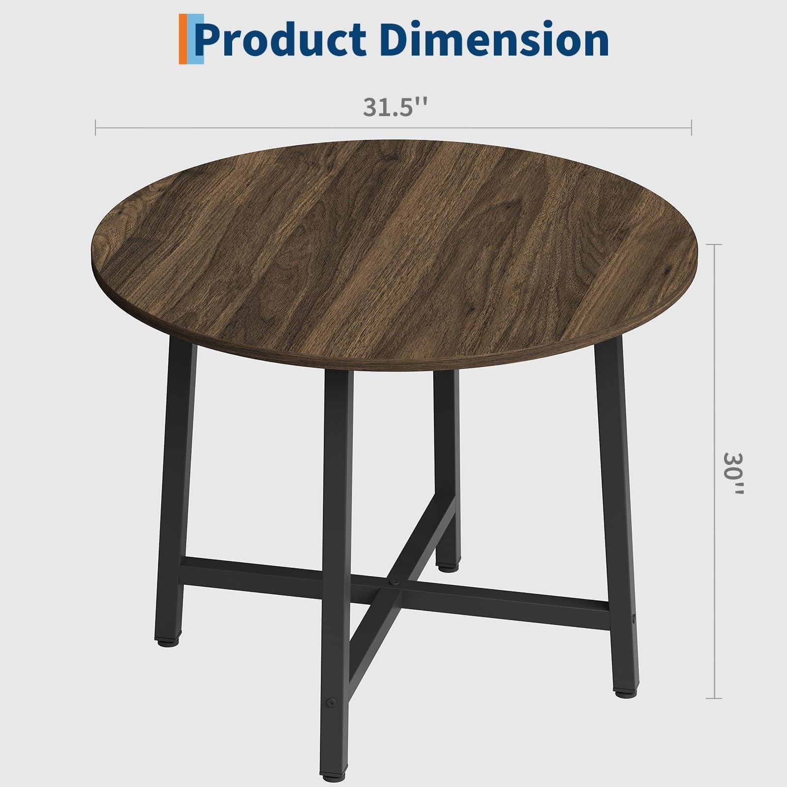 31.5 Round Dining Table for 4 People, Modern Wood Circle Kitchen Table with Sturdy Industrial Metal Frame, Small Space Saving Dining Room Table for Apartment & Breakfast Nook, (No Chairs), Walnut