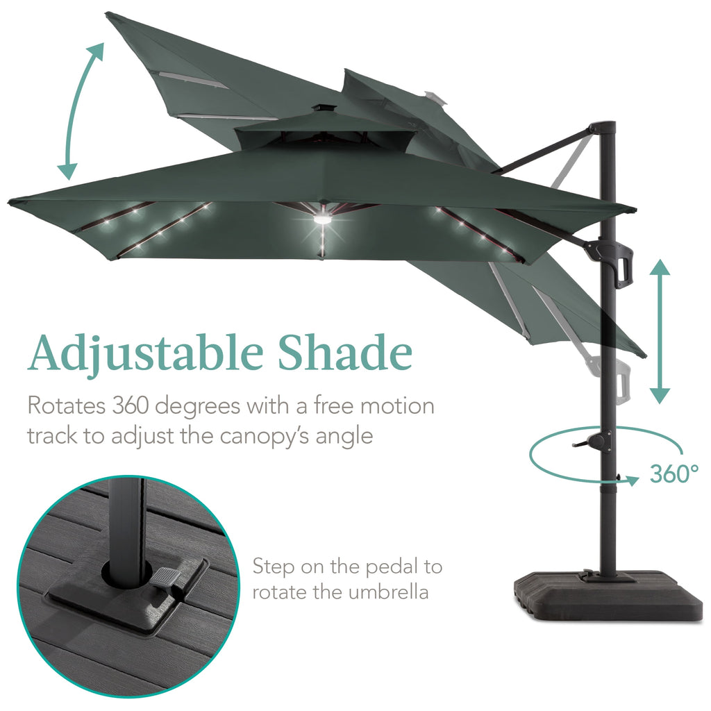 Best Choice Products 10x10ft 2-Tier Square Outdoor Solar LED Cantilever Patio Umbrella w/ Base Included - Tan