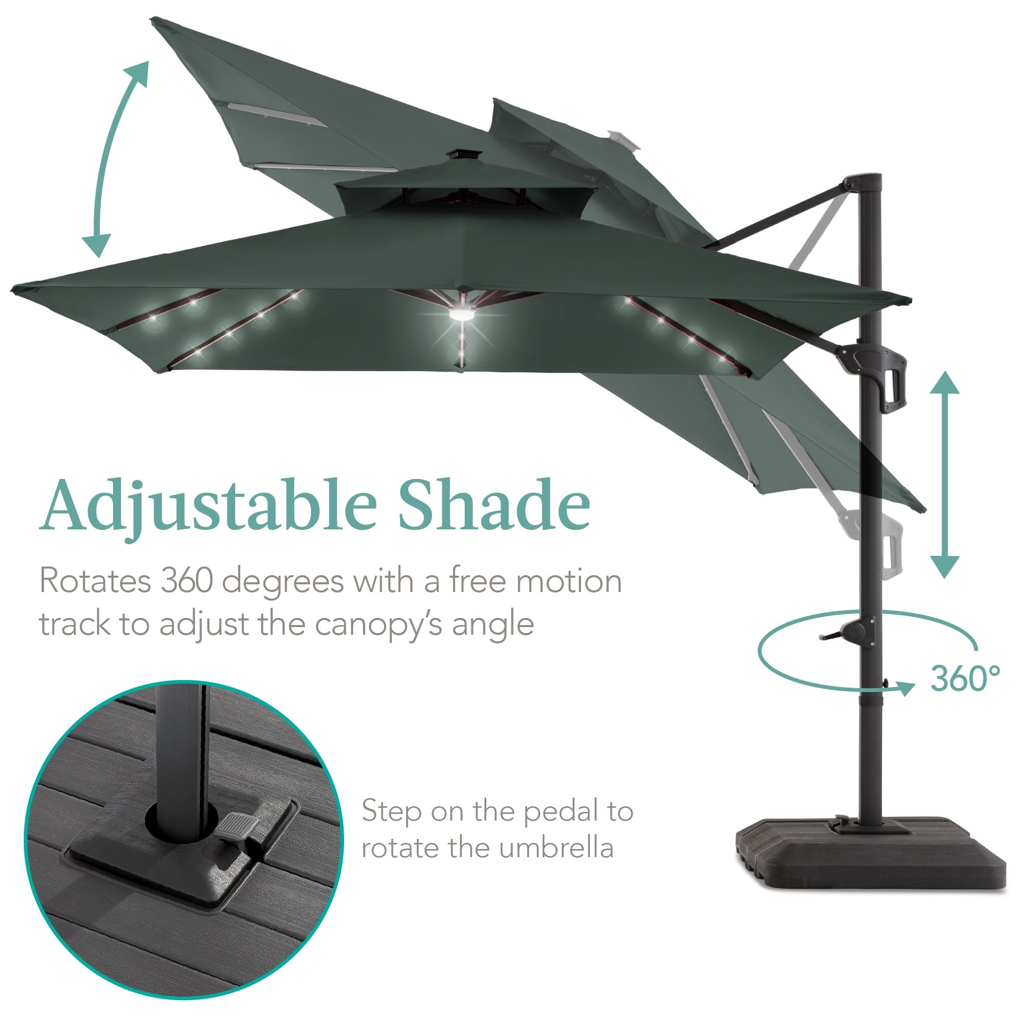 Best Choice Products 10x10ft 2-Tier Square Outdoor Solar LED Cantilever Patio Umbrella w/ Base Included - Tan