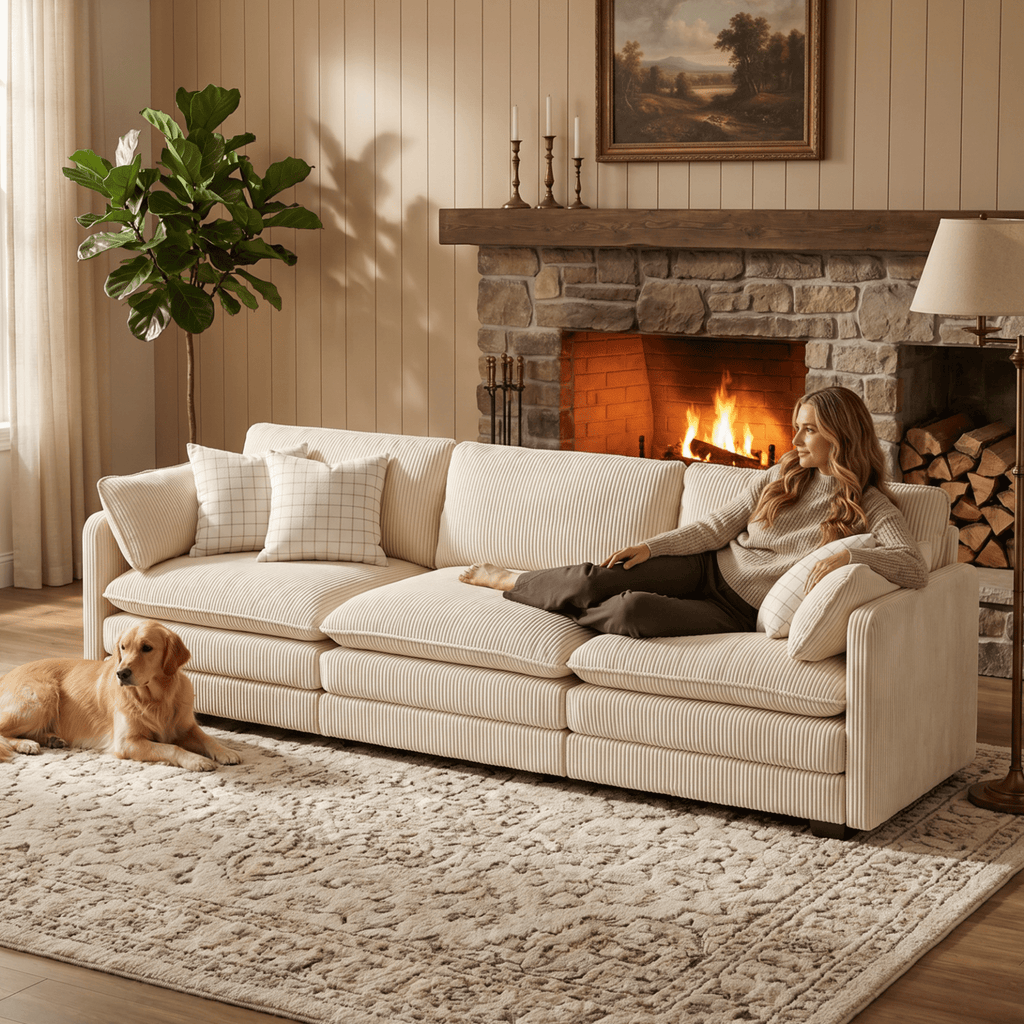 110 Cloud Couches for Living Room, Noelse 3 Seater Cloud Sofa with Double Layer Cushion and Deep Seat, Cream Couch with Washable Cover, Corduroy Fabric, Beige