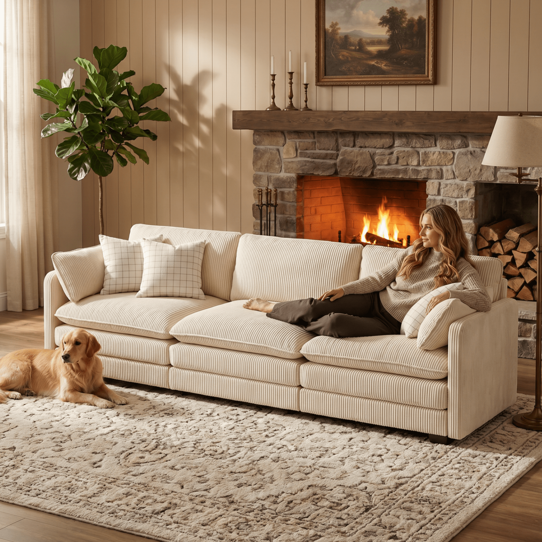 110 Cloud Couches for Living Room, Noelse 3 Seater Cloud Sofa with Double Layer Cushion and Deep Seat, Cream Couch with Washable Cover, Corduroy Fabric, Beige