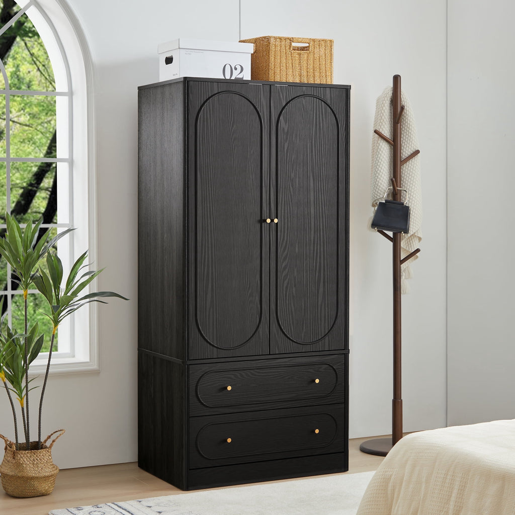 Wirrytor Freestanding Wooden Armoire Wardrobe with 2 Woven Doors and Storage Drawers, Space-Saving Closet Cabinet for Bedroom, Sturdy Mdf Board Closet with Hanging Rail