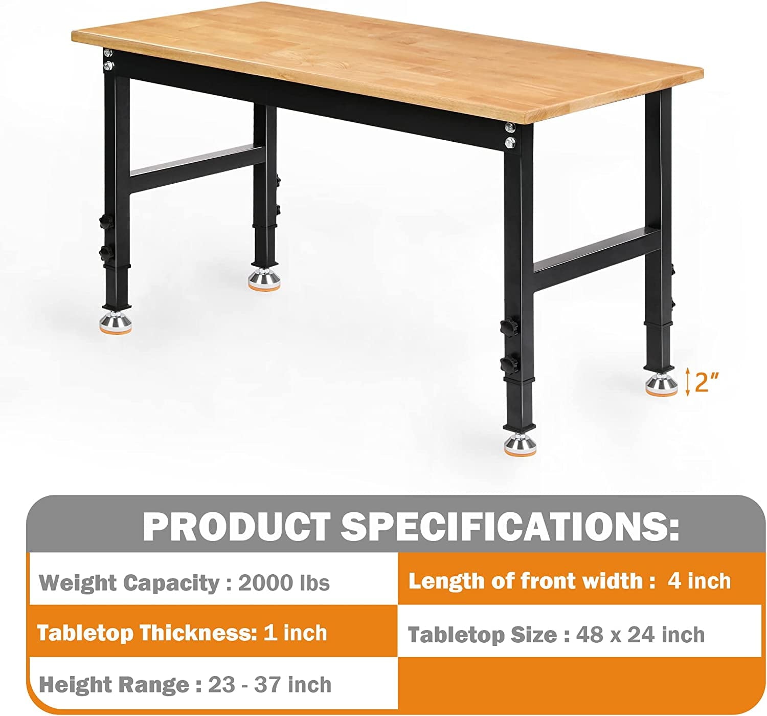 Tolead 60 Heavy-Duty Adjustable Workbench with Power Outlets, Rubber Wood Shop Table, Metal Wheels, Workstation