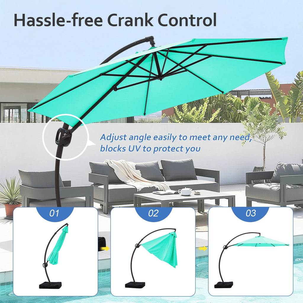 FUNDAZE 11ft Market Patio Umbrella with Base, Curved Cantilever Hanging Sun Shade with Crank & Tilt for Garden, Deck, Poolside,Beige