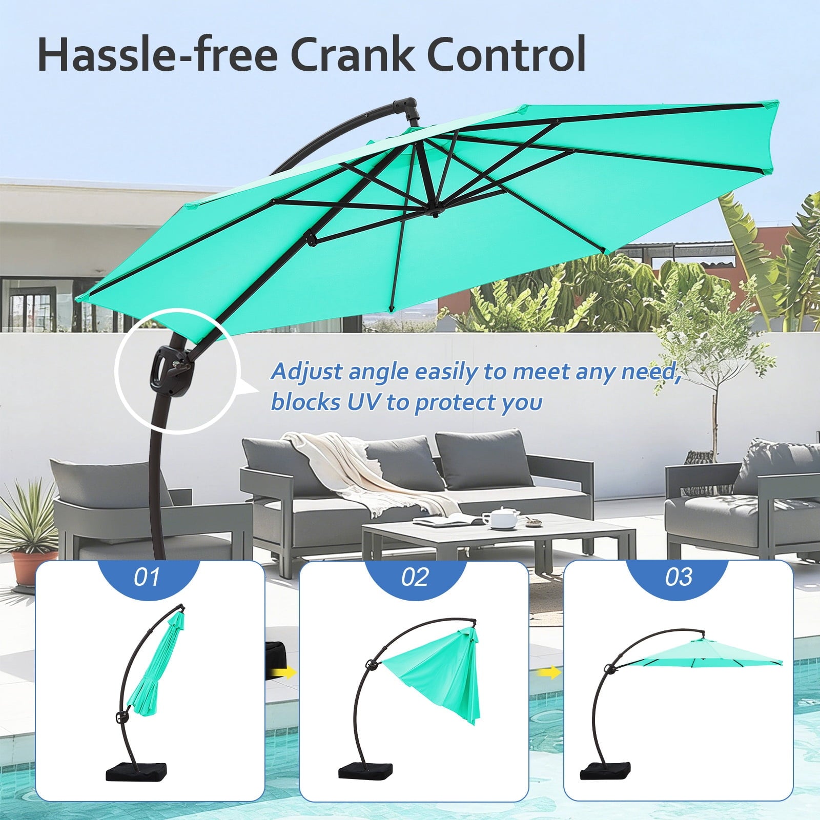 FUNDAZE 11ft Market Patio Umbrella with Base, Curved Cantilever Hanging Sun Shade with Crank & Tilt for Garden, Deck, Poolside,Beige