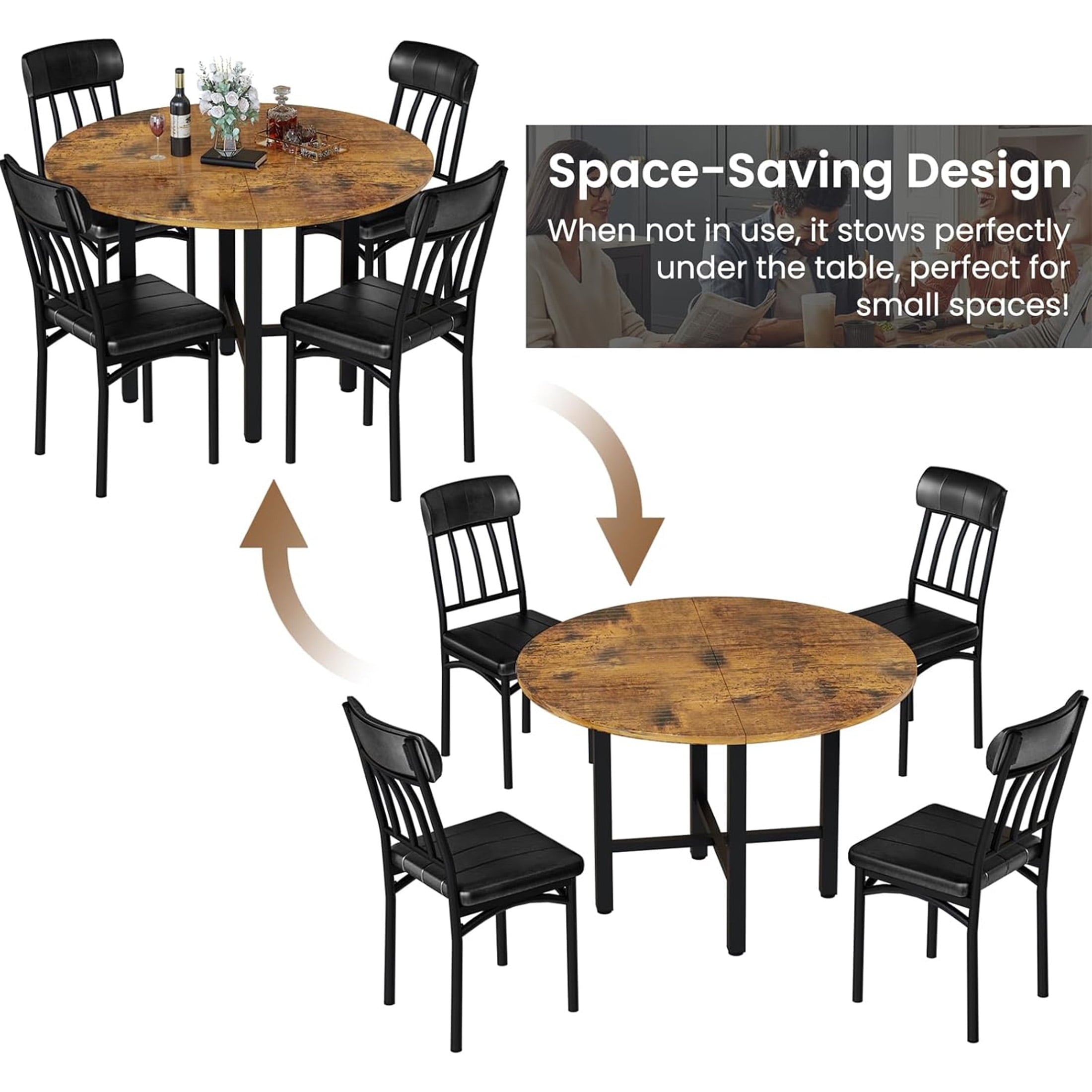 LinkRomat Round Dining Table Set for 4, Modern Dining Room Sets with 4 Faux Leather Chairs, Kitchen Dinner Wooden Table & Chair Set for Small Space, Grey