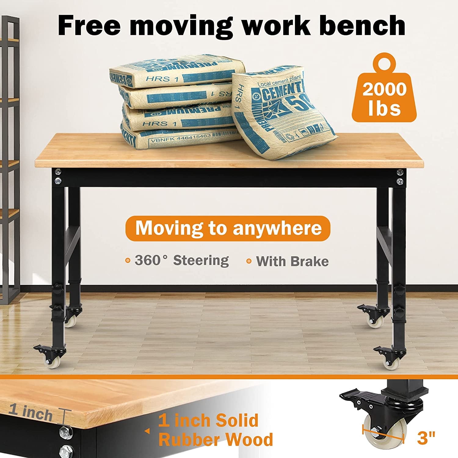 Tolead 60 Heavy-Duty Adjustable Workbench with Power Outlets, Rubber Wood Shop Table, Metal Wheels, Workstation