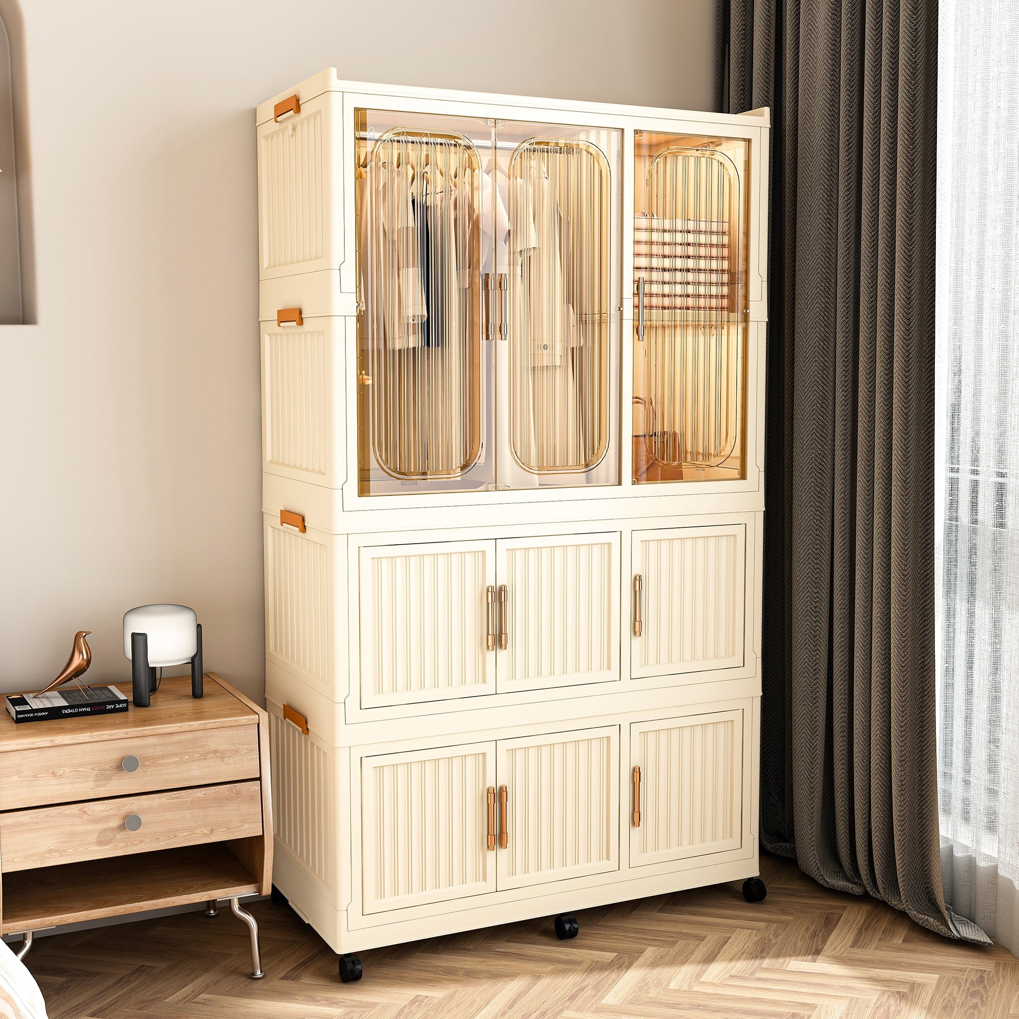 Garmic 62 Foldable Storage Wardrobe with Wheels, Portable Closet Organizer with 9 Magnetic Doors & 2 Hanging Rod, Plastic Armoire for Clothes Toys Books, White