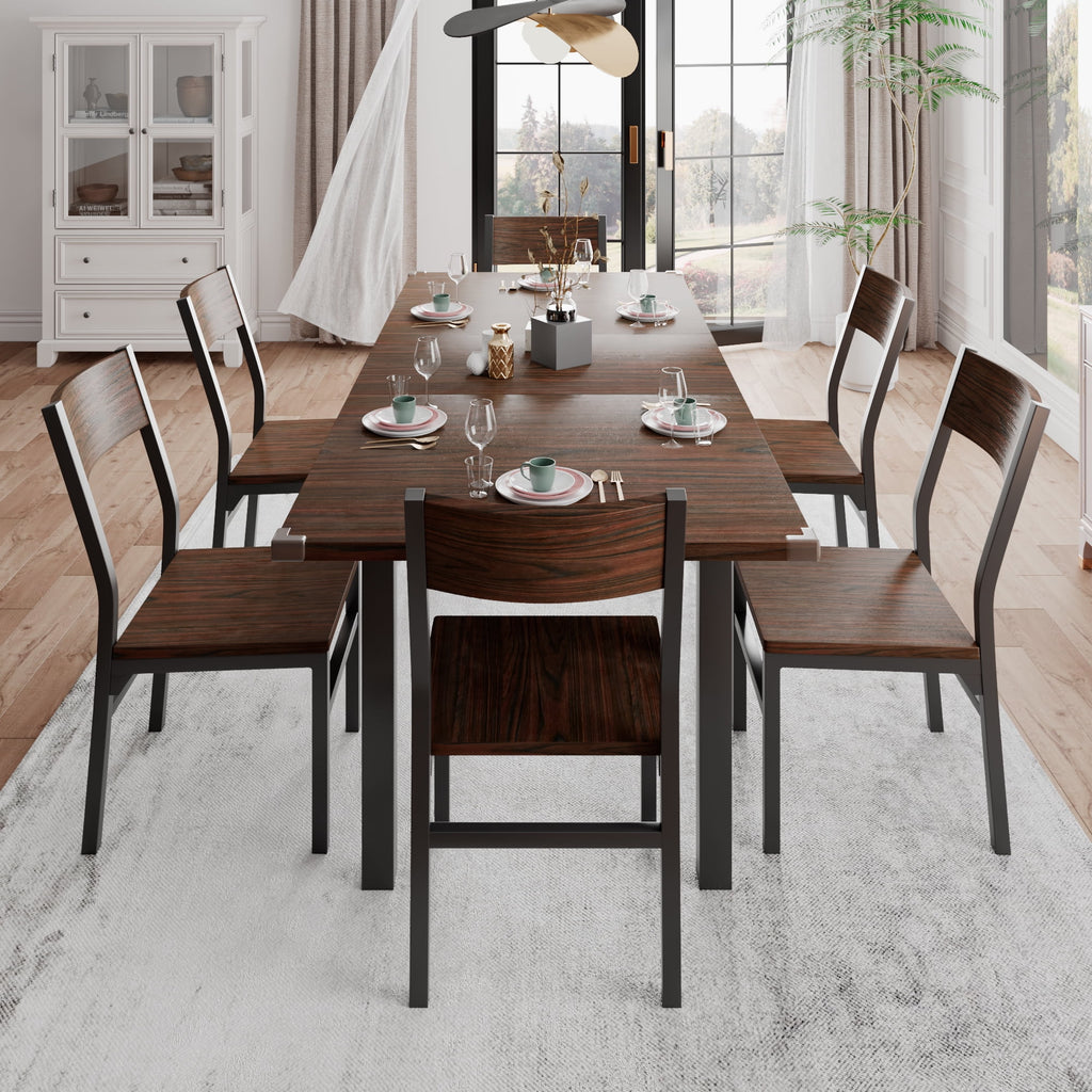 iPormis 63 Extendable Kitchen Table Set for 4-6 People, 7-Piece Large Dining Table Set with 6 Chairs,Mid-Century Dining Room Table,Espresso