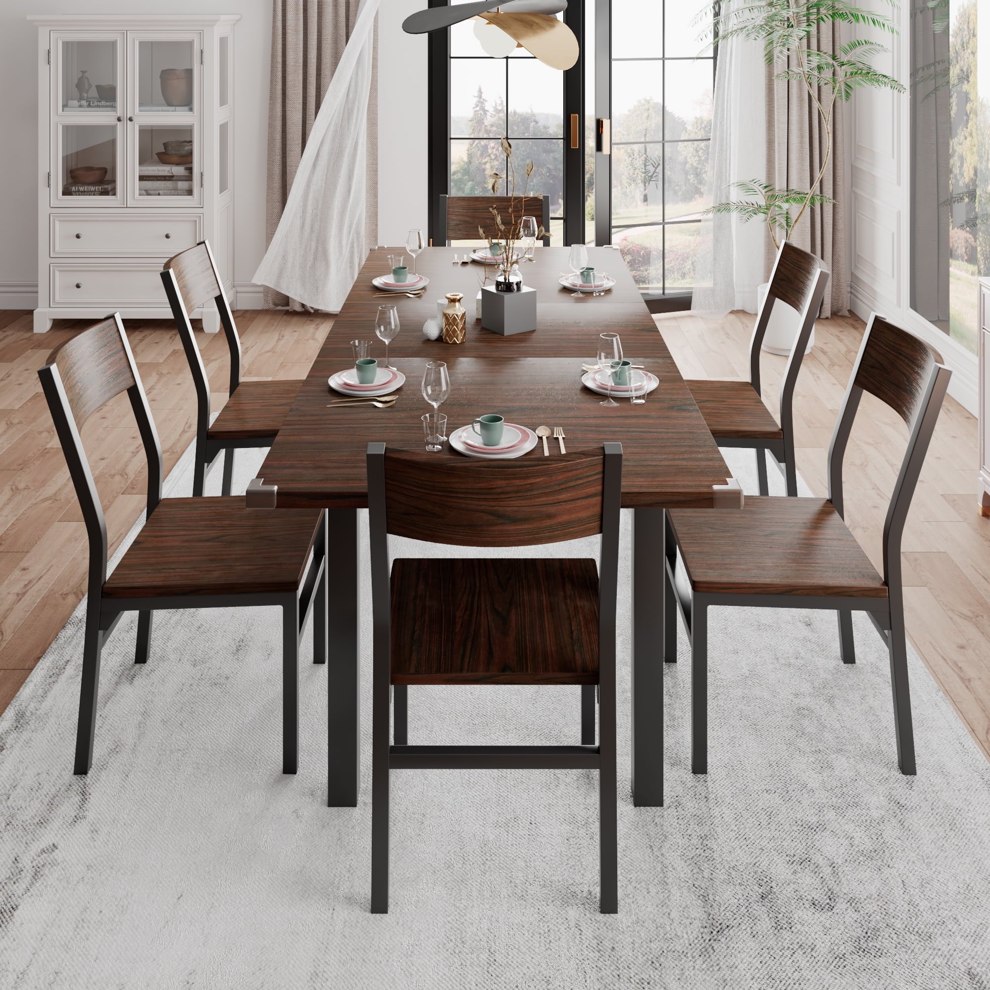 iPormis 63 Extendable Kitchen Table Set for 4-6 People, 7-Piece Large Dining Table Set with 6 Chairs,Mid-Century Dining Room Table,Espresso