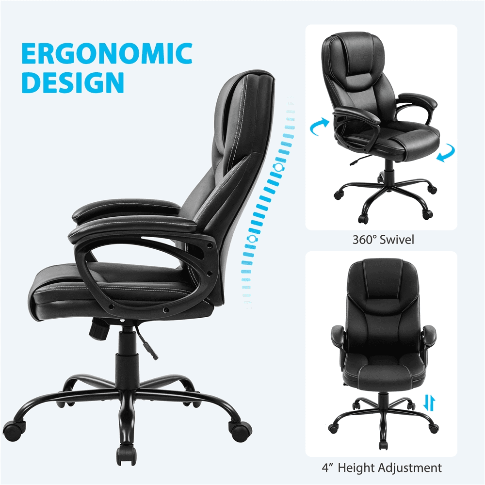 Alden Design Faux Leather Swivel Office Chair with Ergonomic High Back for Home Office, Black