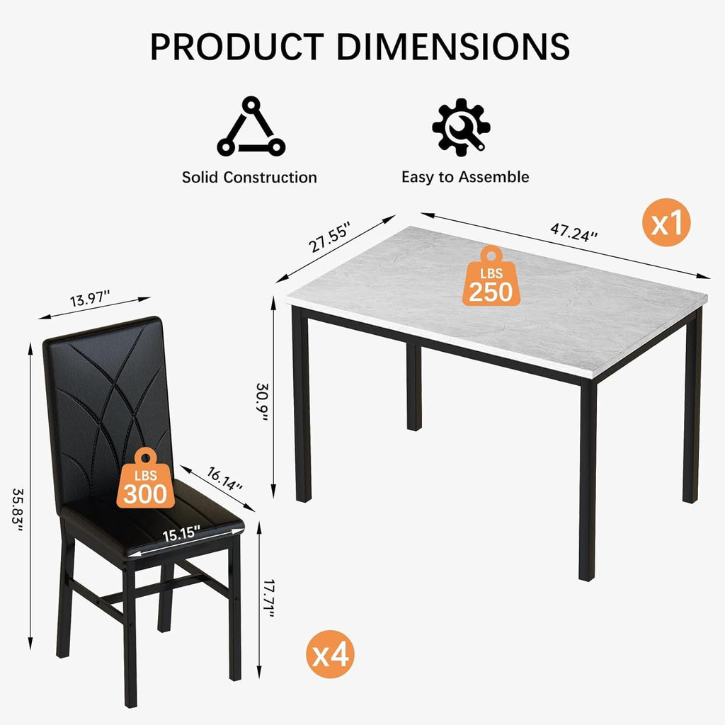 MOOSENG Dining Table Set for 4, Faux Marble Kitchen Table and Chairs Set of 4, 5-Piece Dining Room Set with PU Leather Upholstered Chairs for Small Space, Gray