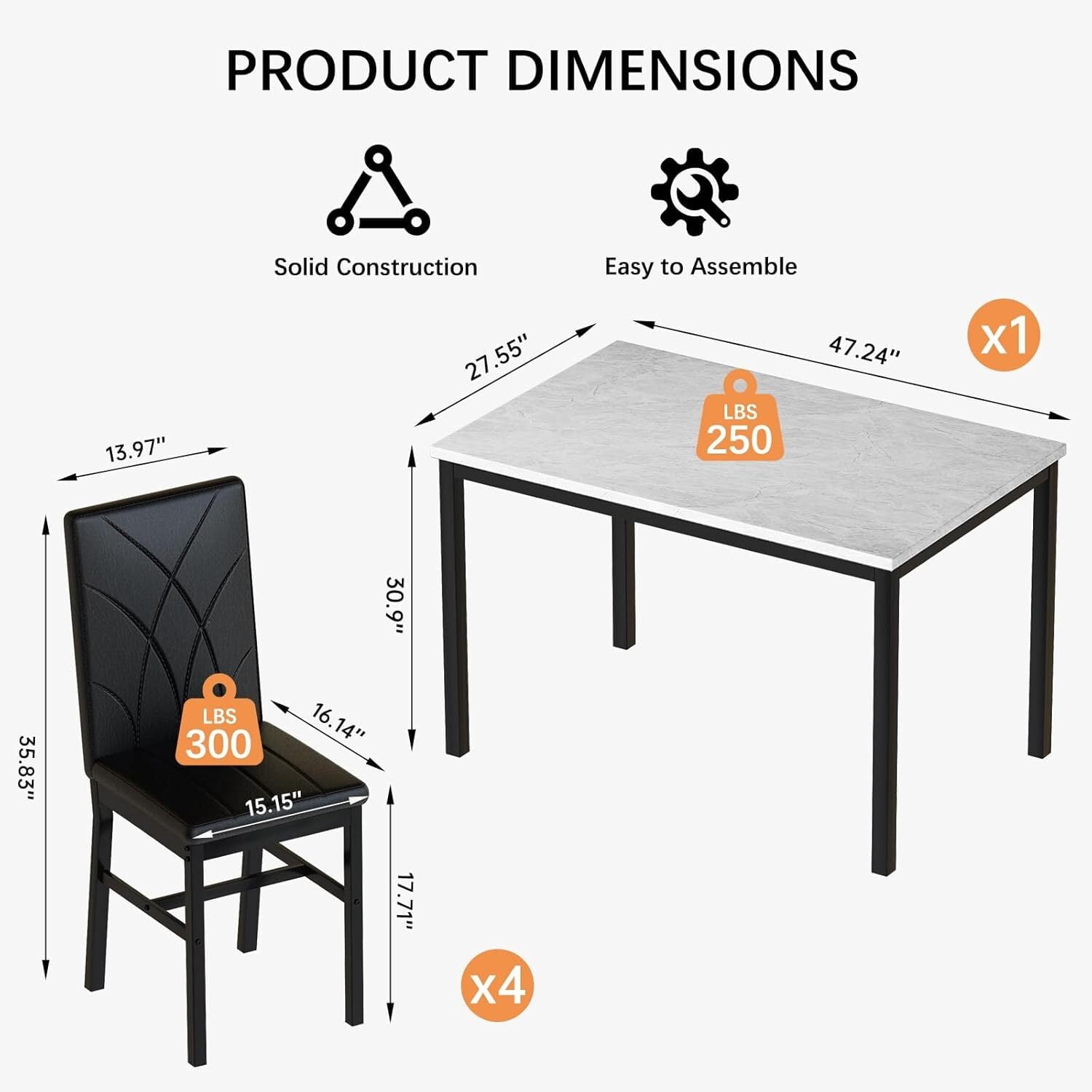 MOOSENG Dining Table Set for 4, Faux Marble Kitchen Table and Chairs Set of 4, 5-Piece Dining Room Set with PU Leather Upholstered Chairs for Small Space, Gray