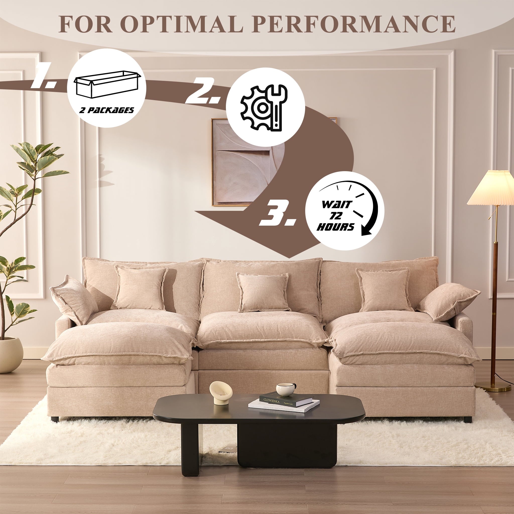 LAKPS 3-Seat Sectional Sofa Couch, Cloud-Style Deep Seating Sleeper Sofa with Included Throw Pillows, Linen Upholstery, Modern Living Room Sofa, Cream White