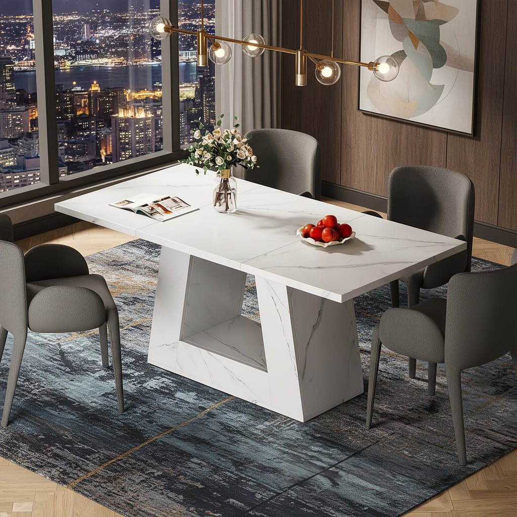 Modern Faux Marble Dining Table, 63 Rectangular 4-6 Seater Wood Table with Sturdy Base, Kitchen Living Room Dinner Table