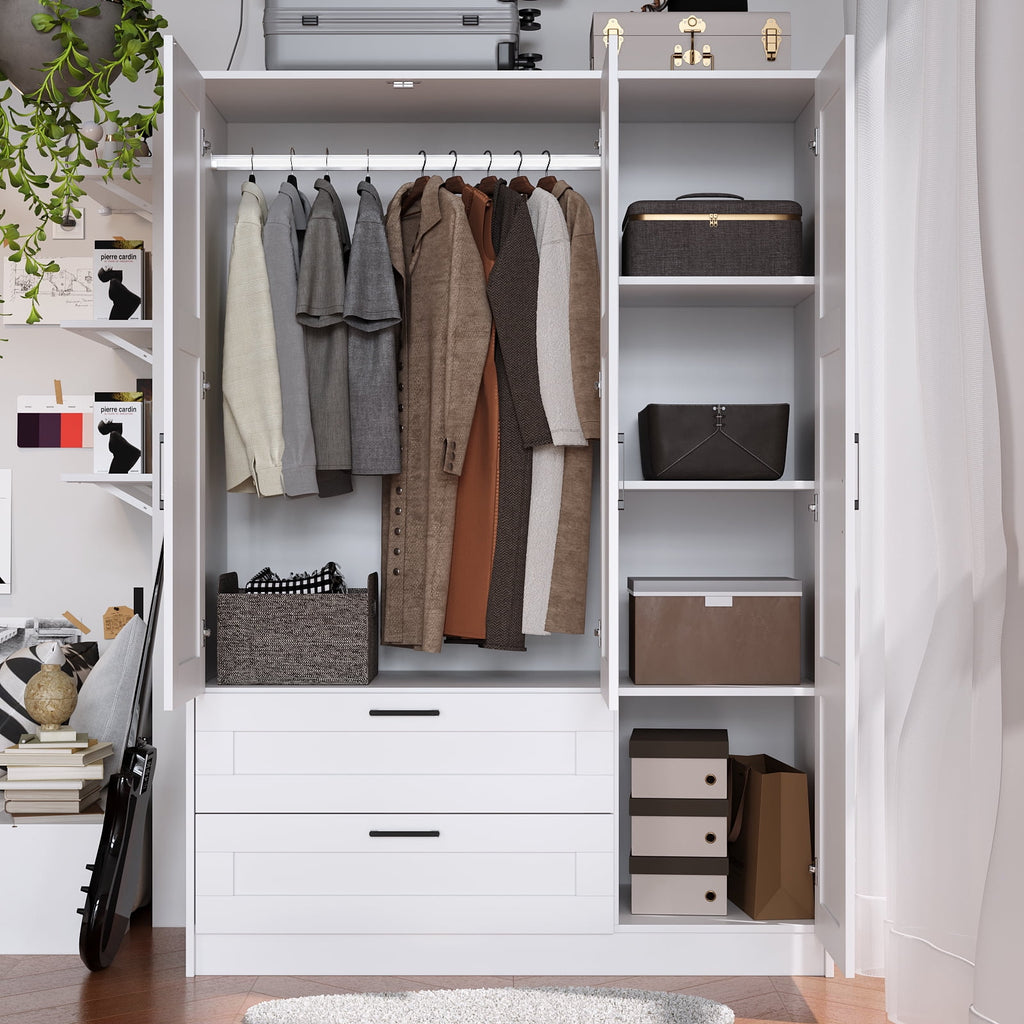 3 Doors Wooden Wardrobe Closet Armoire, White Storage Cabinet for Hanging Clothes, Bedroom Large Capacity Freestanding Armoire,Wood Wardrobe Combination with Shelves