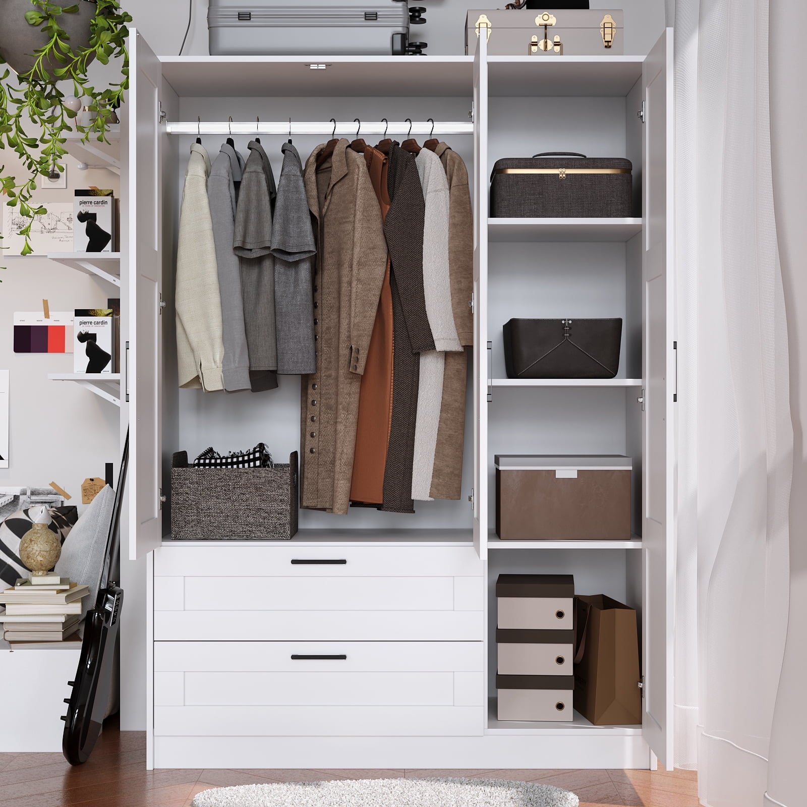 3 Doors Wooden Wardrobe Closet Armoire, White Storage Cabinet for Hanging Clothes, Bedroom Large Capacity Freestanding Armoire,Wood Wardrobe Combination with Shelves