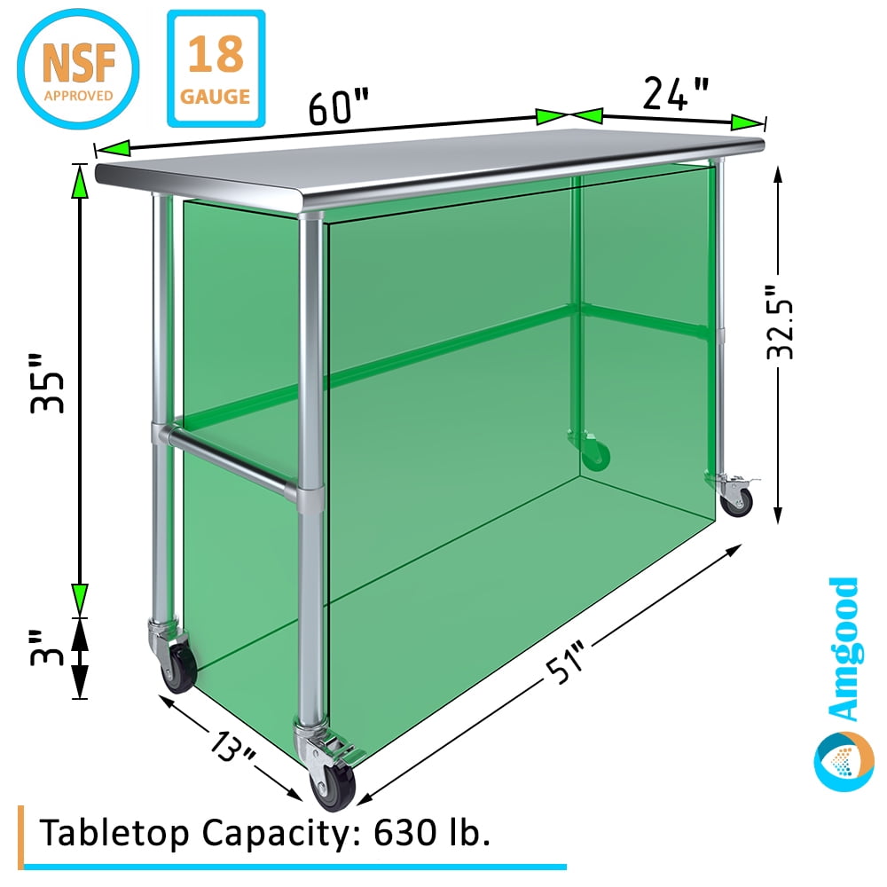 AmGood 36 Long x 30 Deep Stainless-Steel Work Table with Open Base and Wheels, Mobile Metal Table