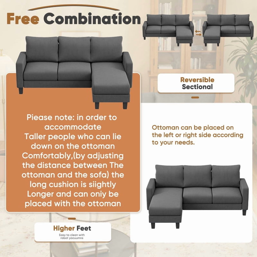 Homall Convertible Sectional Sofa Couch, Modern Linen Fabric L-Shaped Couch 3-Seat Sofa Sectional with Reversible Chaise for Small Living Room, Apartment and Small Space, Light Gray