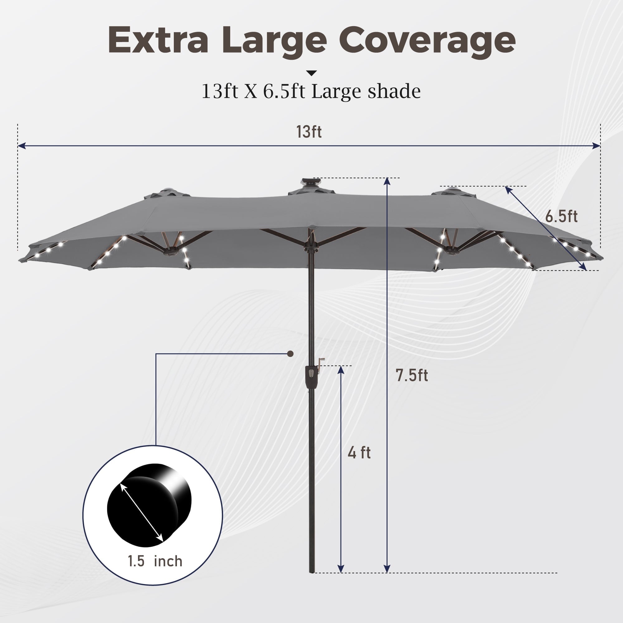 Alpha Joy 13ft Large Double-Sided Outdoor Patio Umbrella with Colorful Solar Lights, Navy Blue