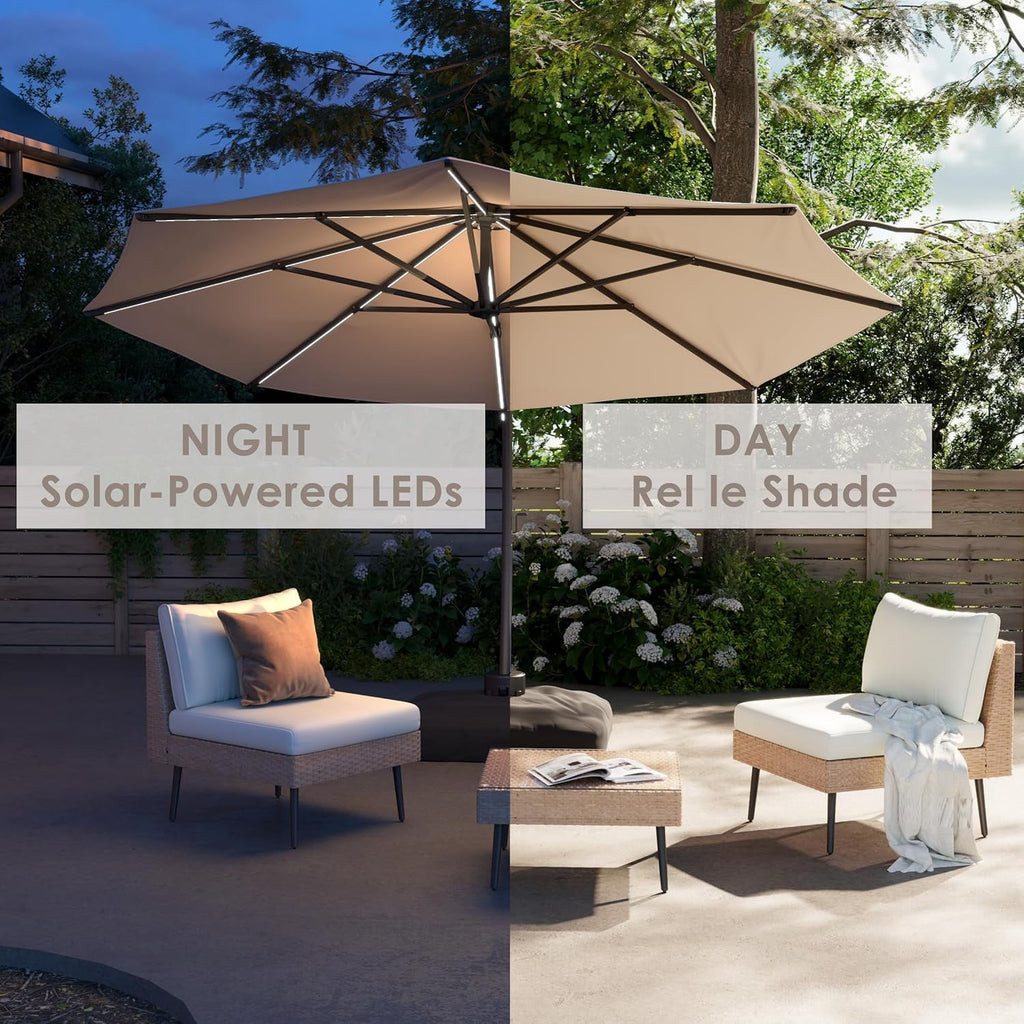 LAZZO 12ft Outdoor Patio Umbrella with Base and Lights, Aluminum Offset Cantilever Umbrella for Pool Deck, Champagne