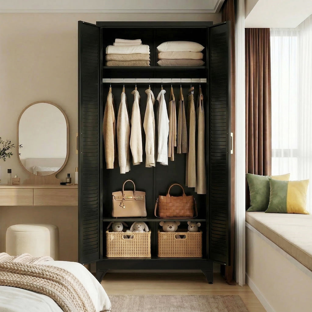 Polup 71 H Modern Metal Sturdy Armoire Cabinet with Shelves and Hanging Rod, Adult Bedroom Wardrobe Closet with Doors