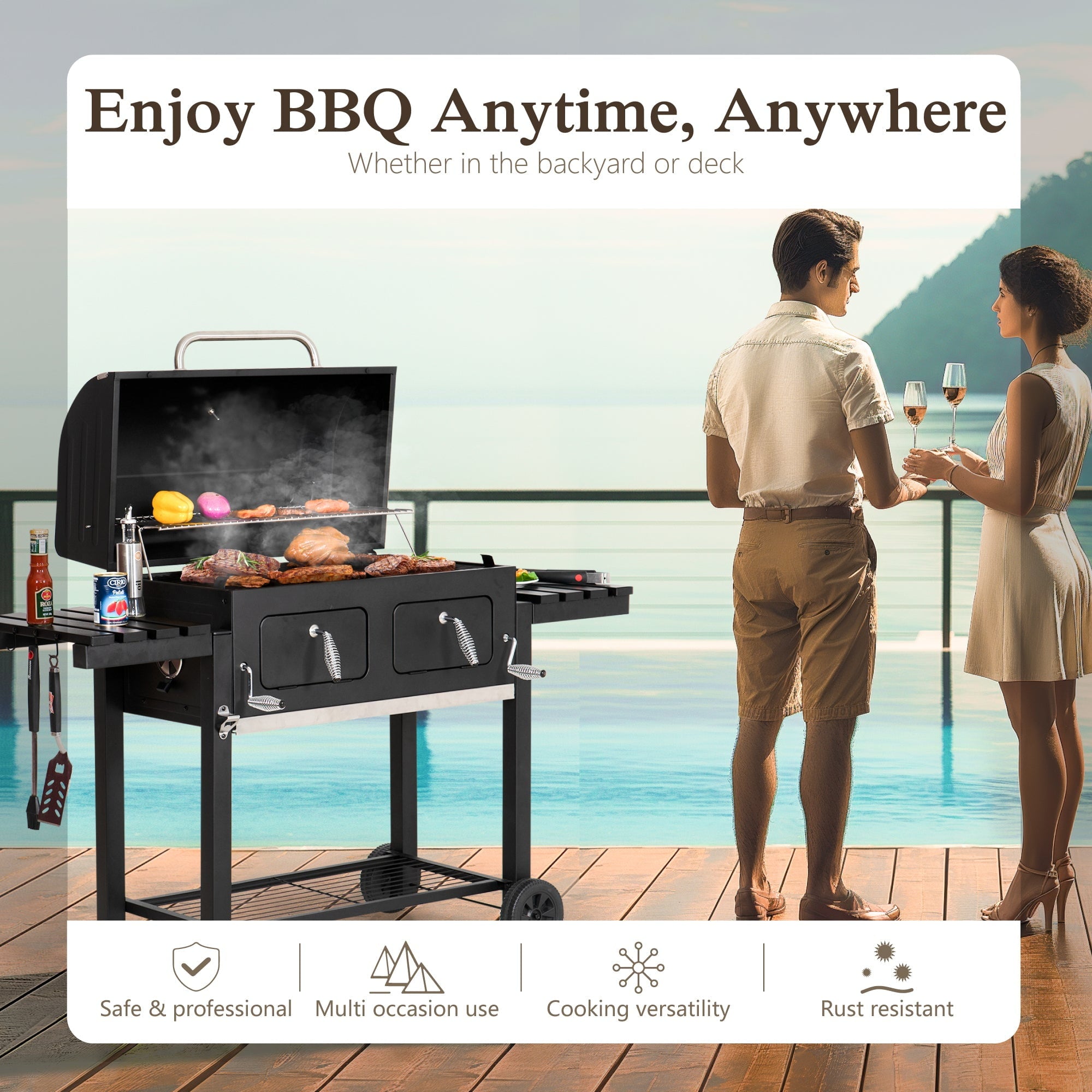Alpha Joy 34-inch BBQ Charcoal Grill Outdoor Portable Barbecue Grill