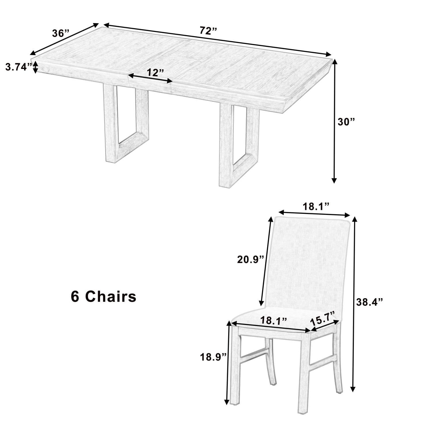 Harper & Bright Designs 7 Pieces Retro Dining Set for 6, Wood Rectangular Table with Designed Trestle Base and 6 Upholstered Chairs for Dining Room and Kitchen, Grey