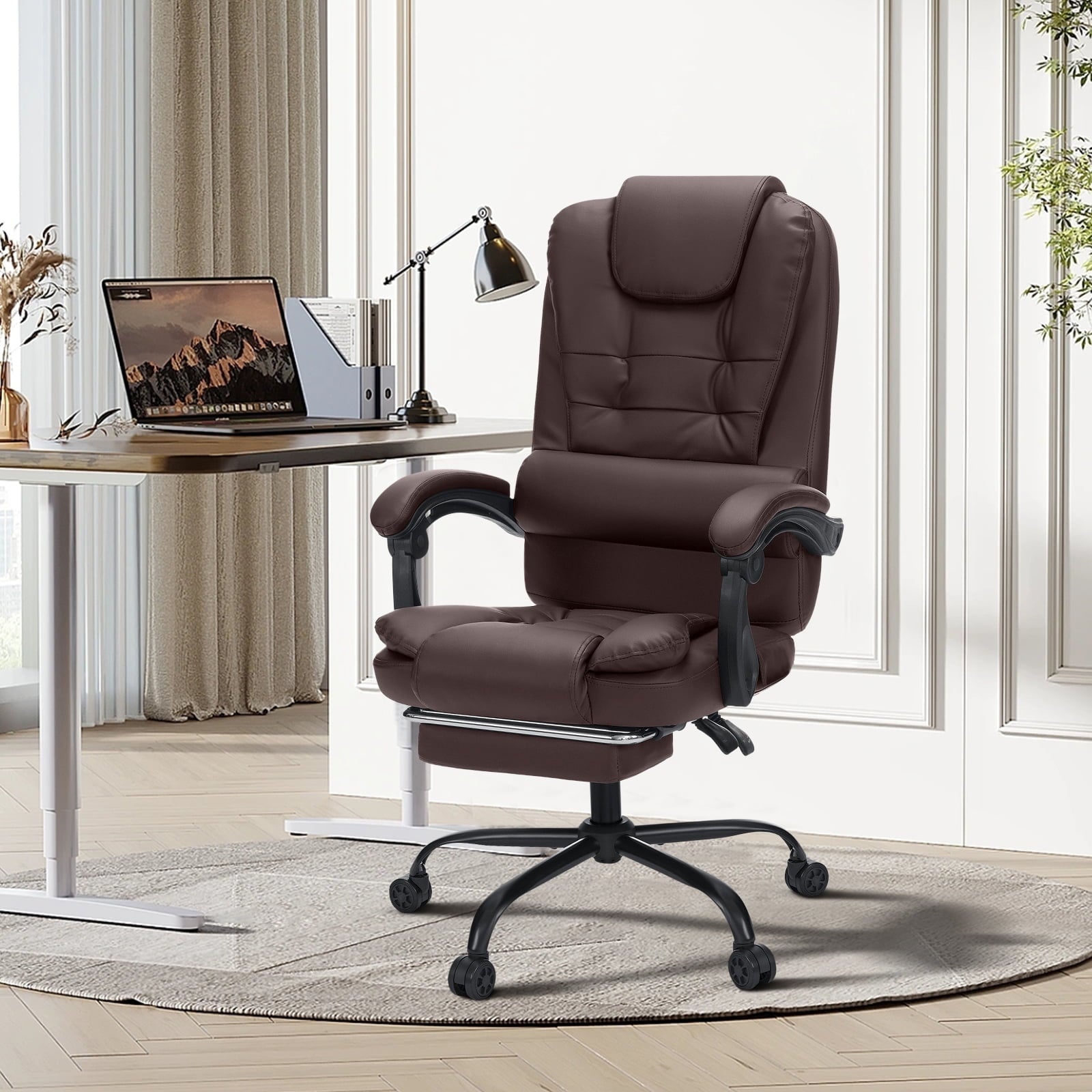 Hoffree Executive Office Chair Massage and Footrest Ergonomic Computer Desk Chair Reclining High Back Leather Office Chair Lumbar Back Support Swivel Rolling for Home Office Black
