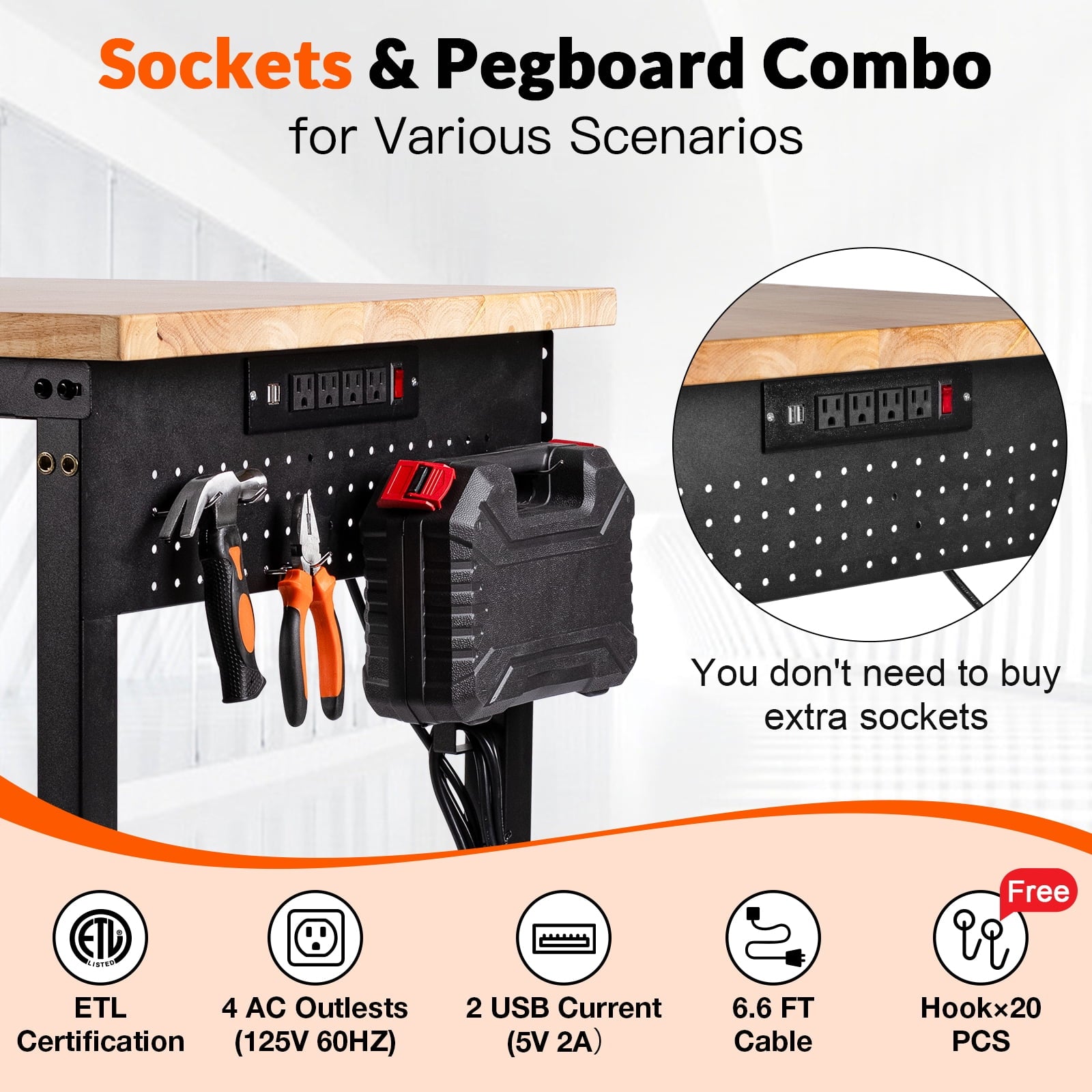 60 inch Workbench for Garage, Heavy-Duty 2 Tier Wood Work Bench with Storage Pegboards, Hooks, Power Outlets, Rubber Wood Tabletop 2000 LBS Load Bearing Workstation Garage Desk Work Table