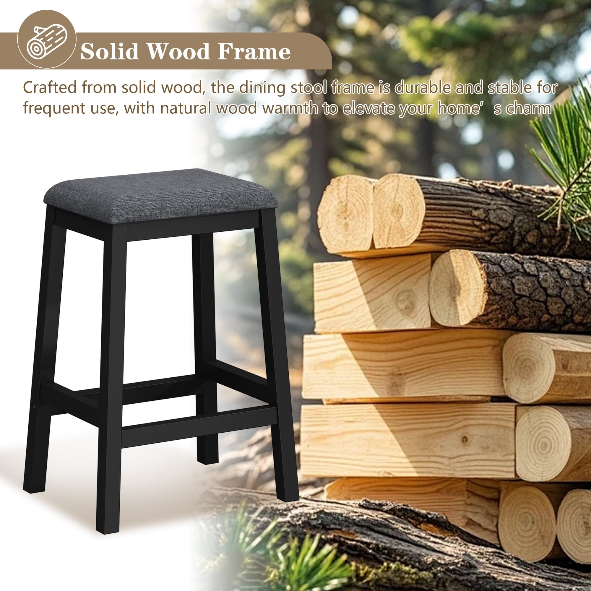 HLR 24.8 Bar Stools, Farmhouse Set of 2 Bar Chairs with Cushion for Kitchen, Dining Room, Cafe Black