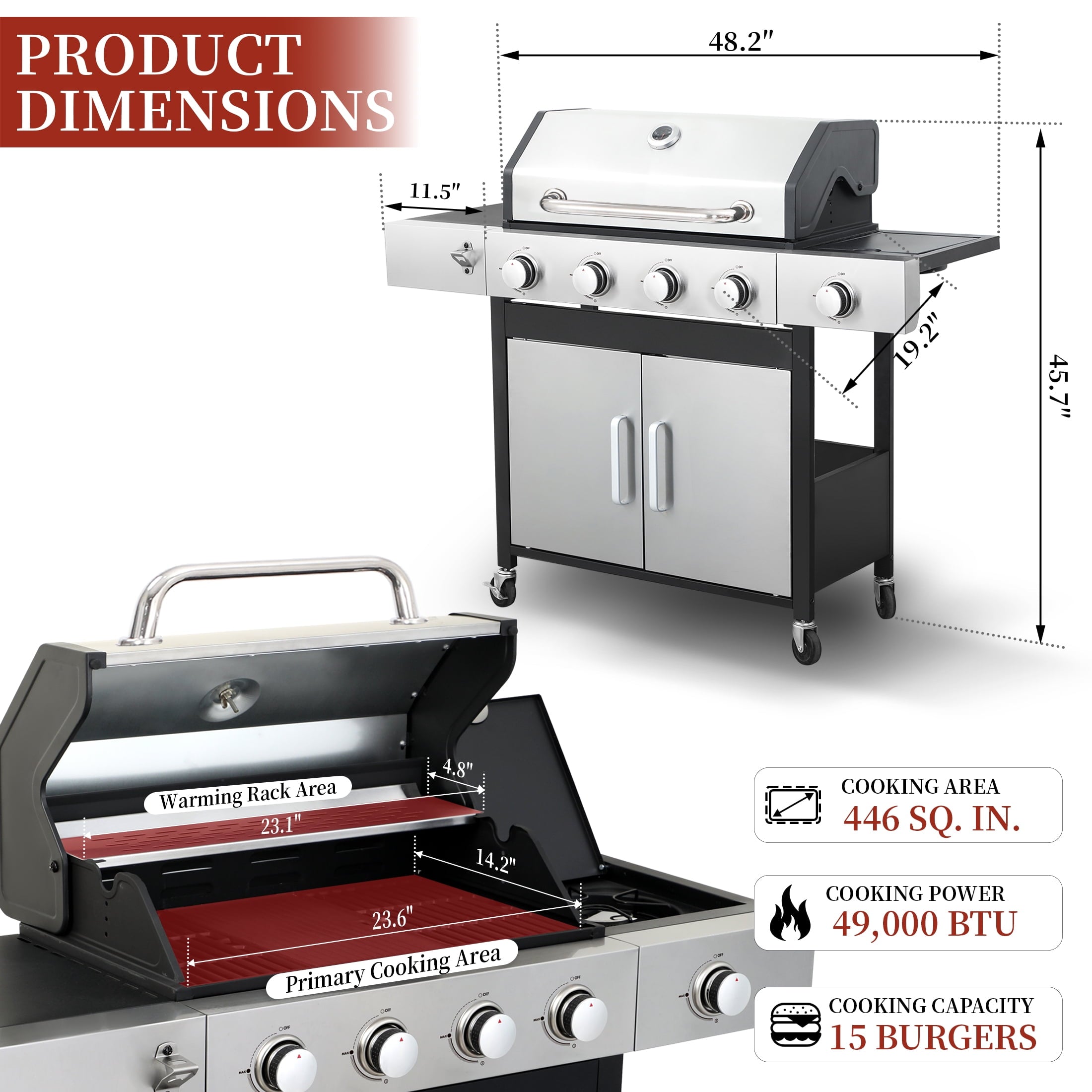 CIG GARDEN 4-Burner Propane Gas Grill and Griddle Combo with Side Burner, Cast Iron Grates, and Double-Wall Insulated Lid