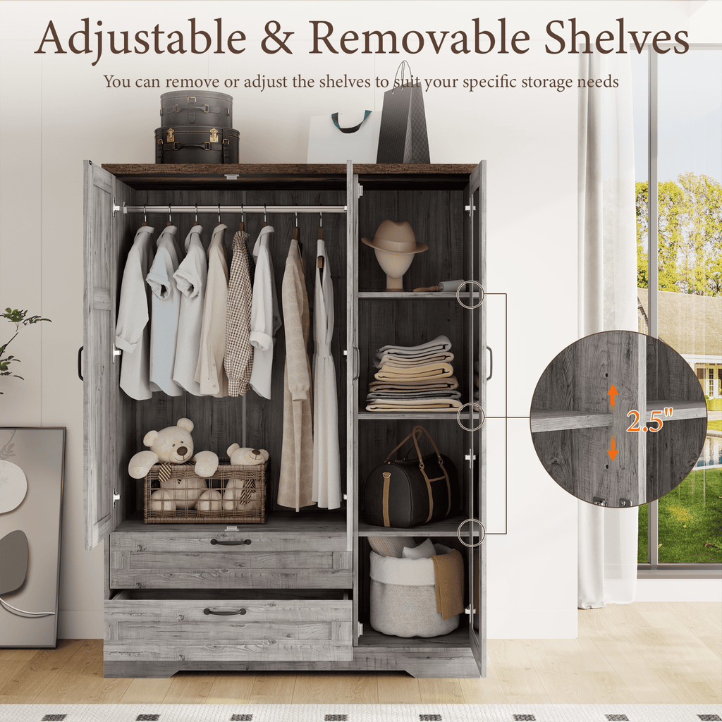 Brafabhome 71H Armoire Wardrobe Closet with 2 Drawers, Farmhouse 2 Doors Armoire Cabinet with Hanging Rod, Modern Freestanding Wardrobe Clothes Cabinet for Bedroom | Gray