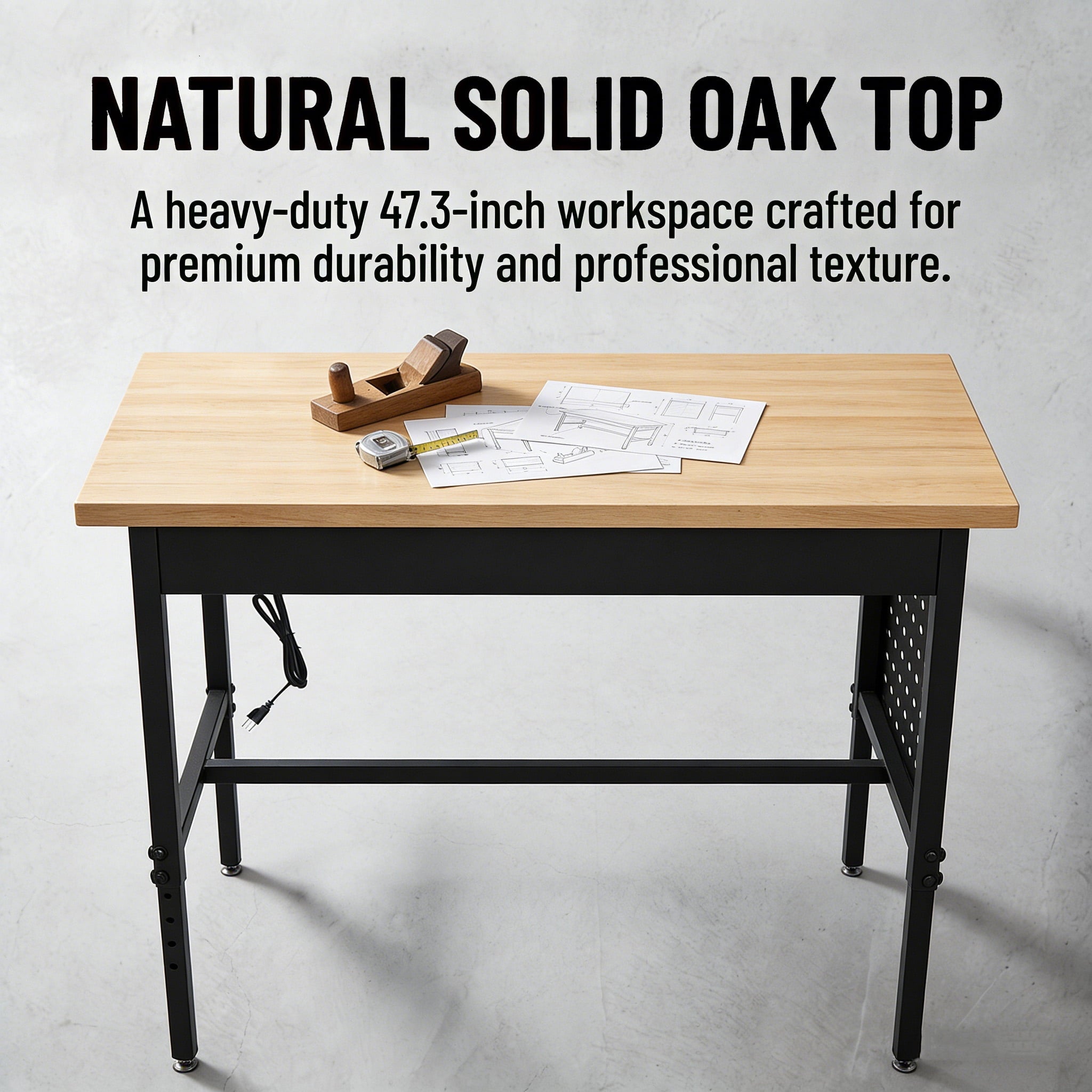 FFZ 70 Inch Adjustable Workbench with Power Outlet, Wheels and Hardwood Top, 70 x 22 x 29.6 inch, Black