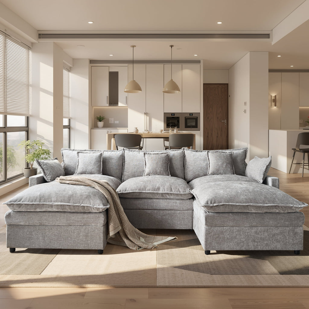 Ovios 108 Modular Sectional Sofa U-Shaped Cloud Couch with 2 Ottomans, Comfy Living Room Furniture, Chenille, Gray