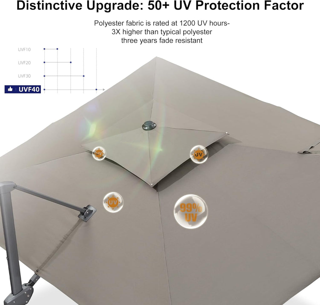 PURPLE LEAF Cantilever Umbrellas 12FT Square Large Patio Umbrella Offset Umbrella with 360°Rotation Tilting And Hanging Double Top, Grey