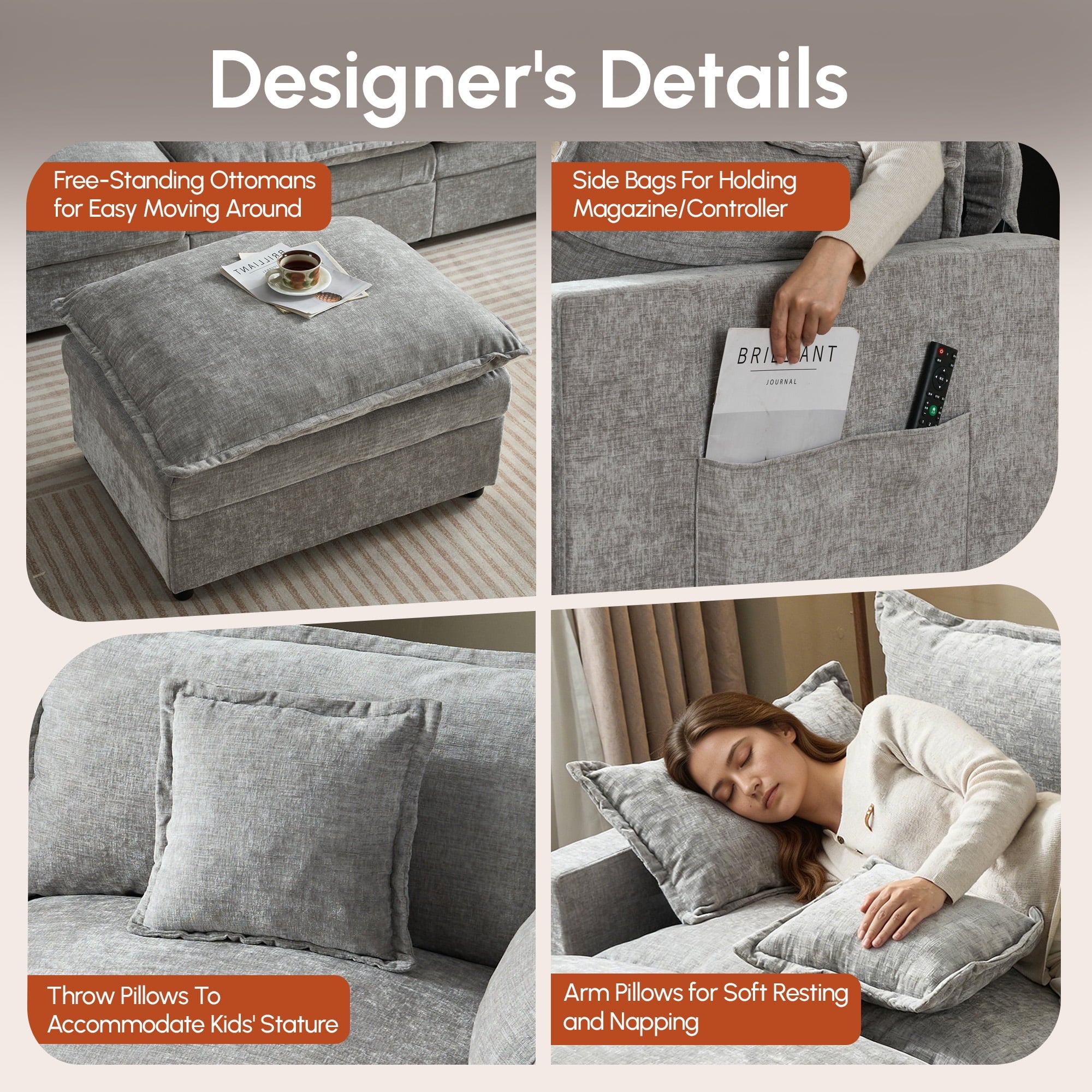 Ovios 108 Modular Sectional Sofa U-Shaped Cloud Couch with 2 Ottomans, Comfy Living Room Furniture, Chenille, Camel