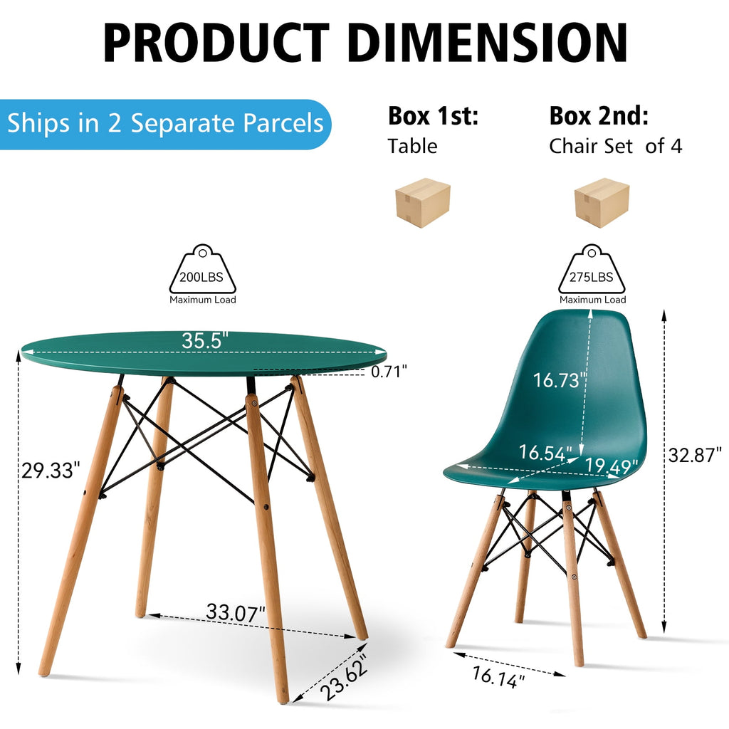 5-Piece 35.5'' Round Dining Table Set for 4, Kitchen Table Chair Set of 4, Mid-Century Modern Dinette Dining Room Table Set Dinner Table for 4 W/Solid Wood Legs, White